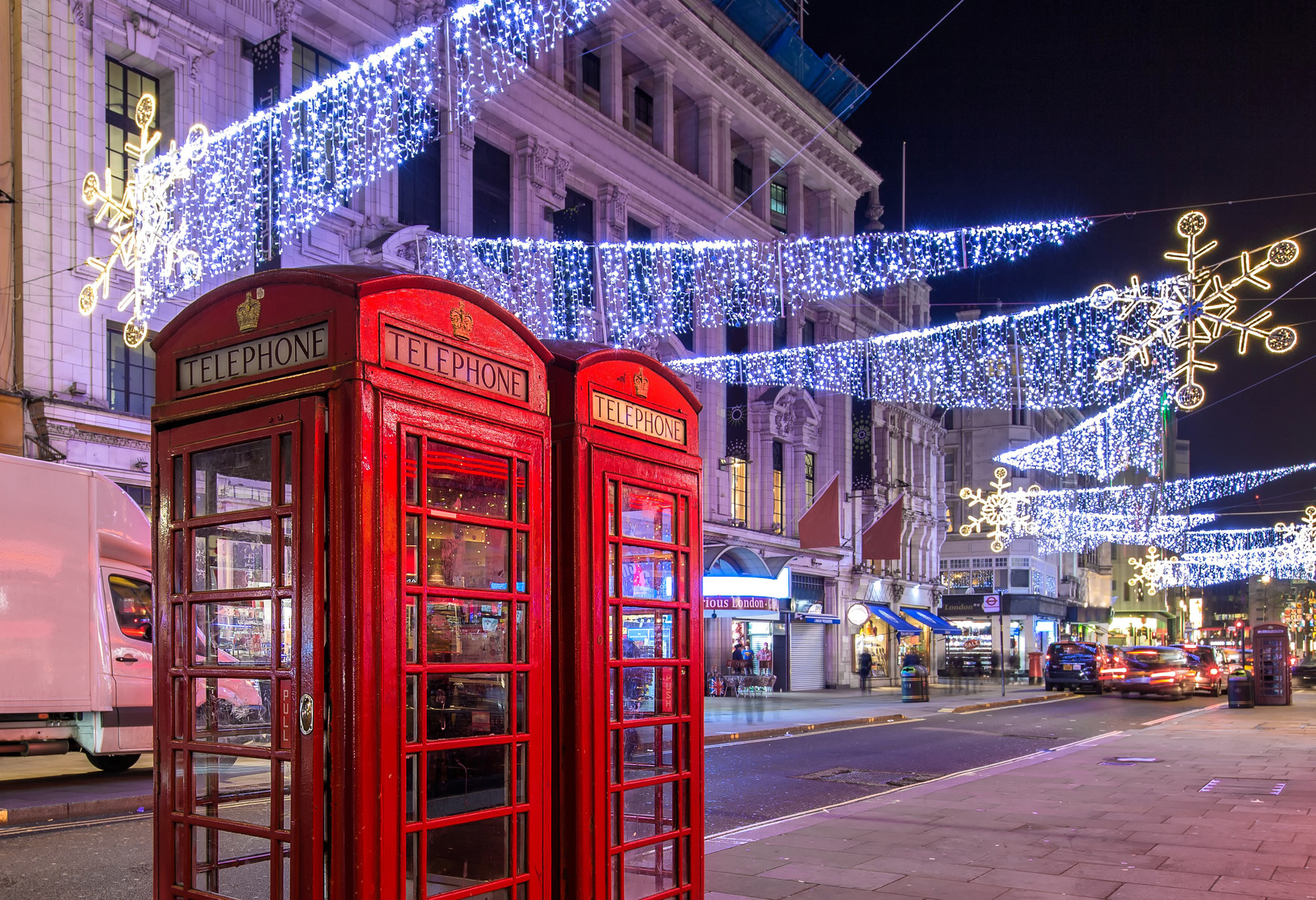 Christmas light and the red phone box in London; Shutterstock ID 540883987