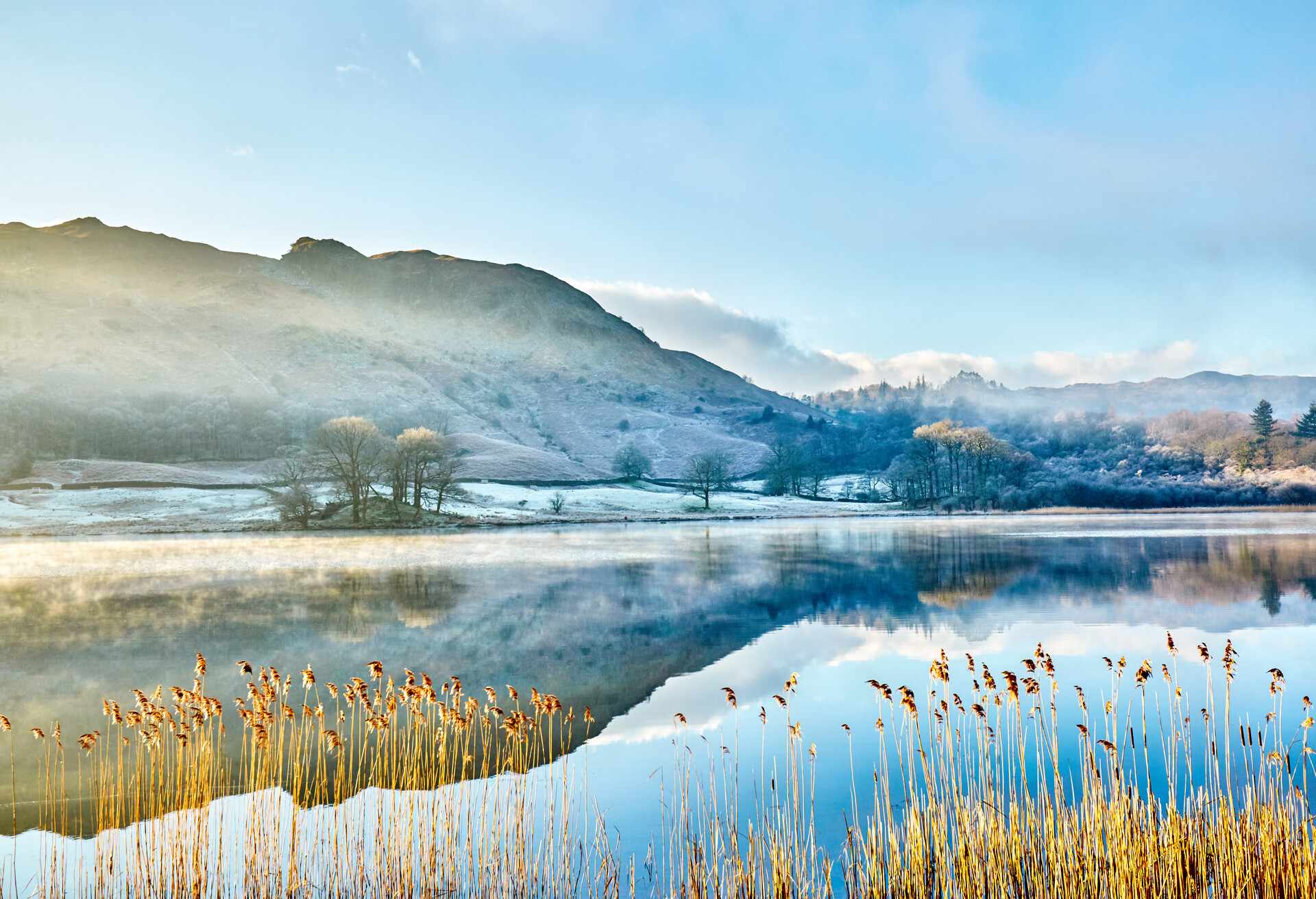 English Lake District in a early winter morning with a coating of frost and mist, Lake District, England.