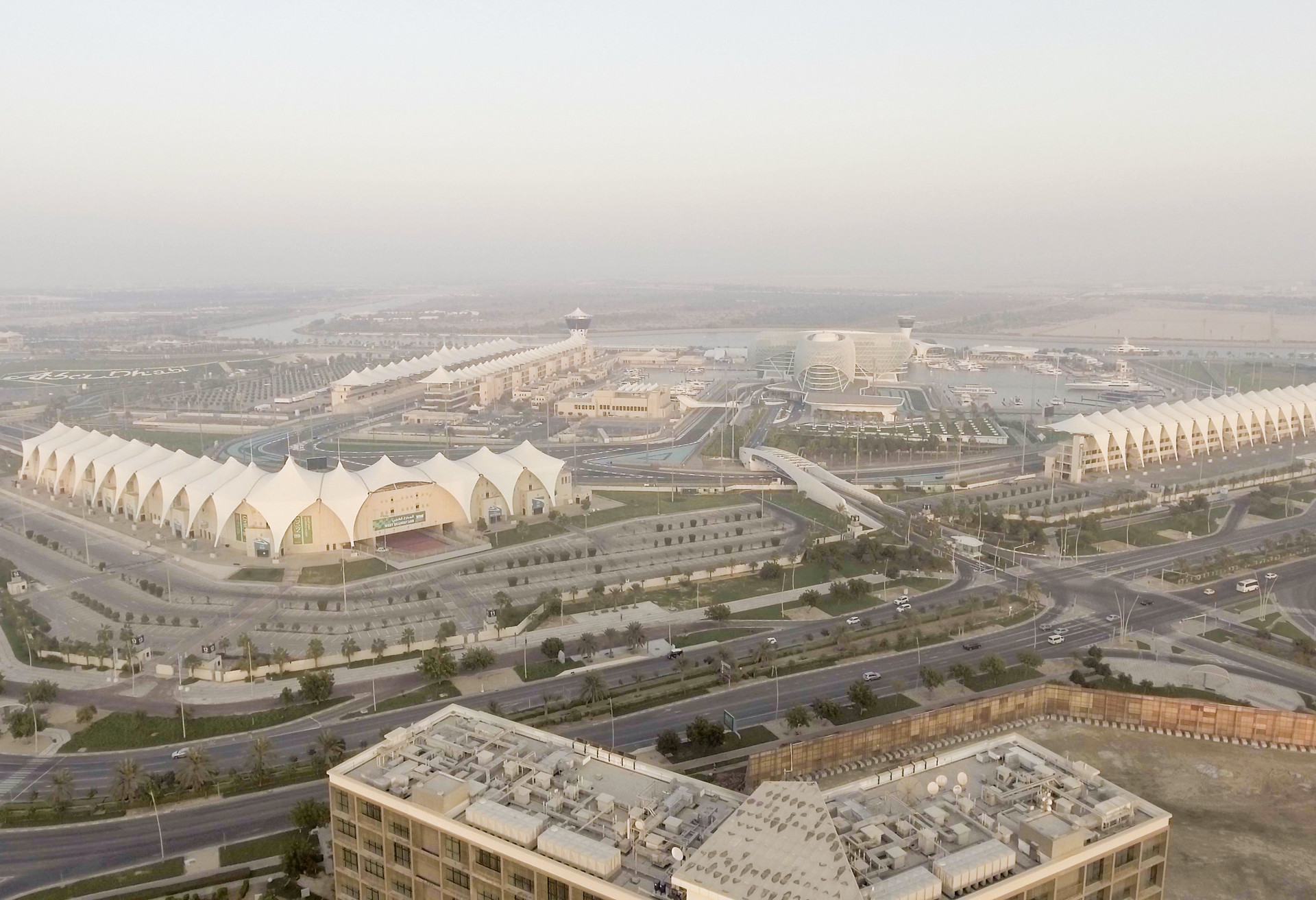 ABU DHABI - DECEMBER 2016: Yas Island panoramic aerial view. Yas Island is famous for Formula 1 Circuit