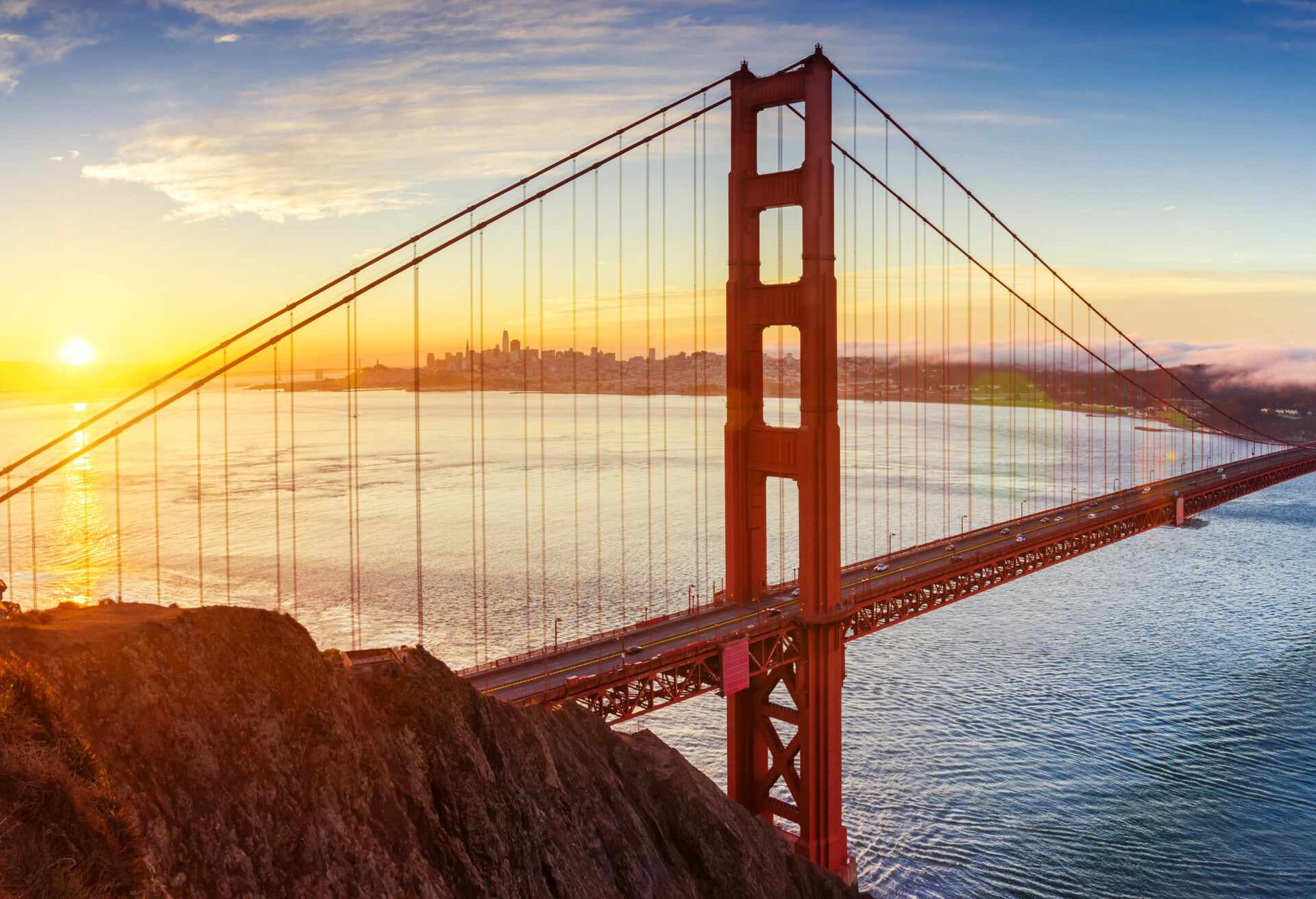 Panoramic view of Golden Gate bridge at sunrise in San Francisco, California. United States