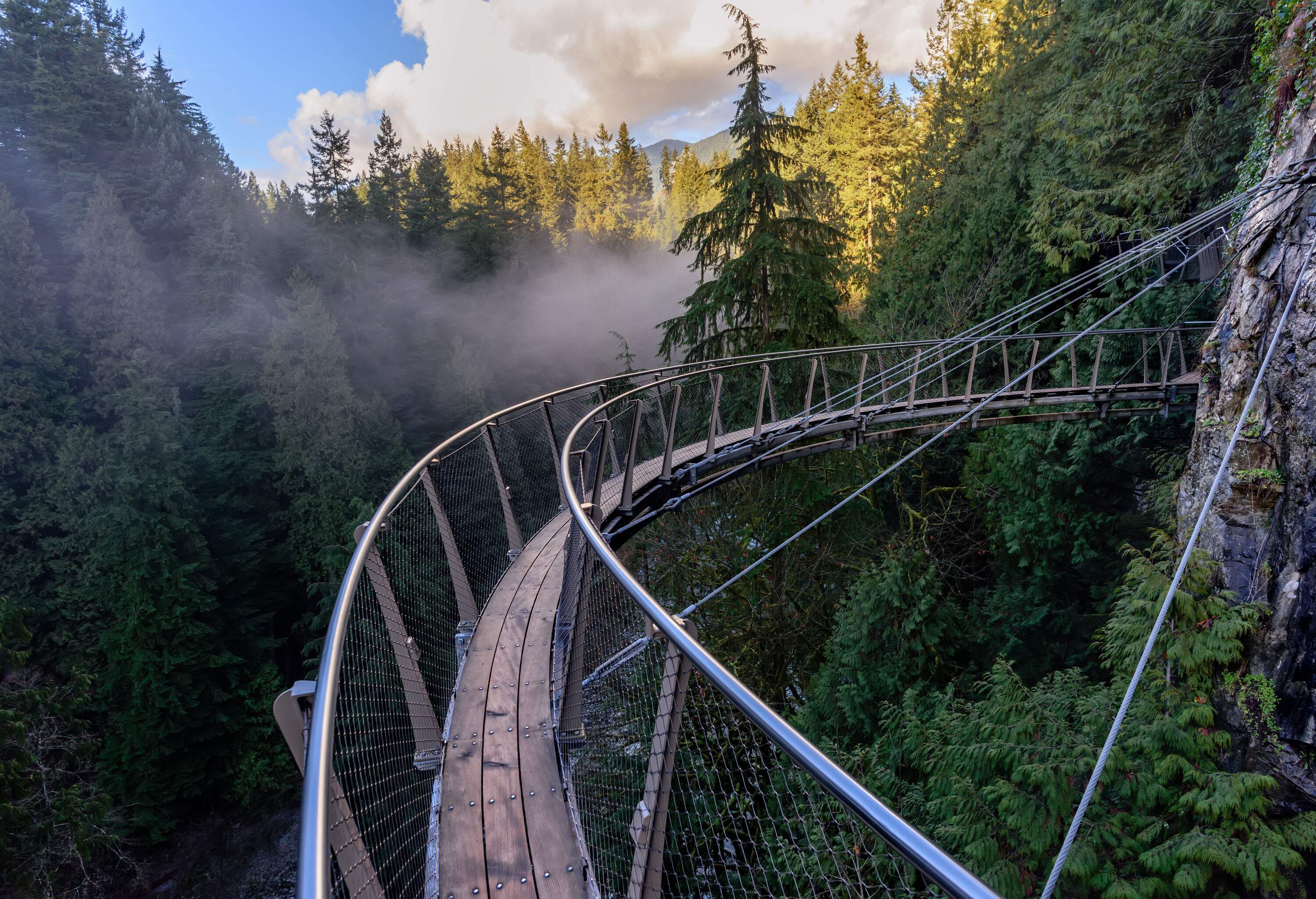 A gracefully curved suspension bridge spans the turbulent streams of a mountain river, surrounded by verdant forests, ethereal white fog, and rugged towering mountains.