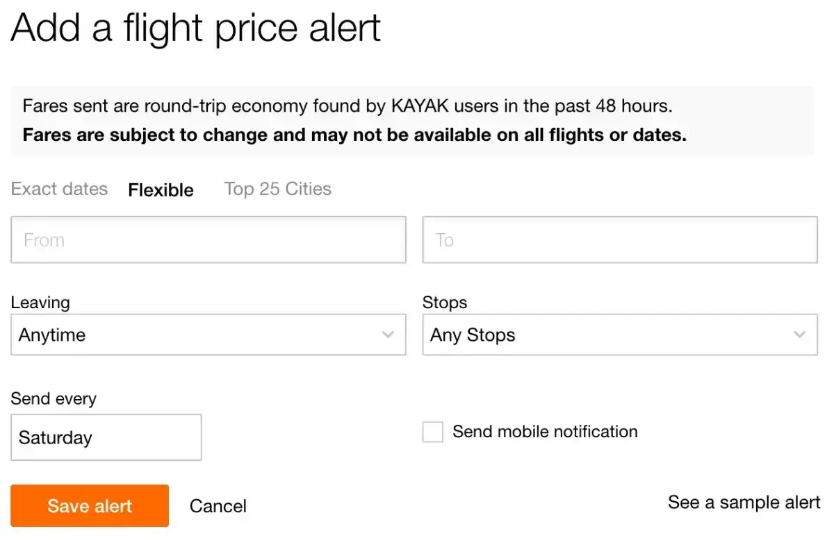 KAYAK Price Alert Flexible Dates