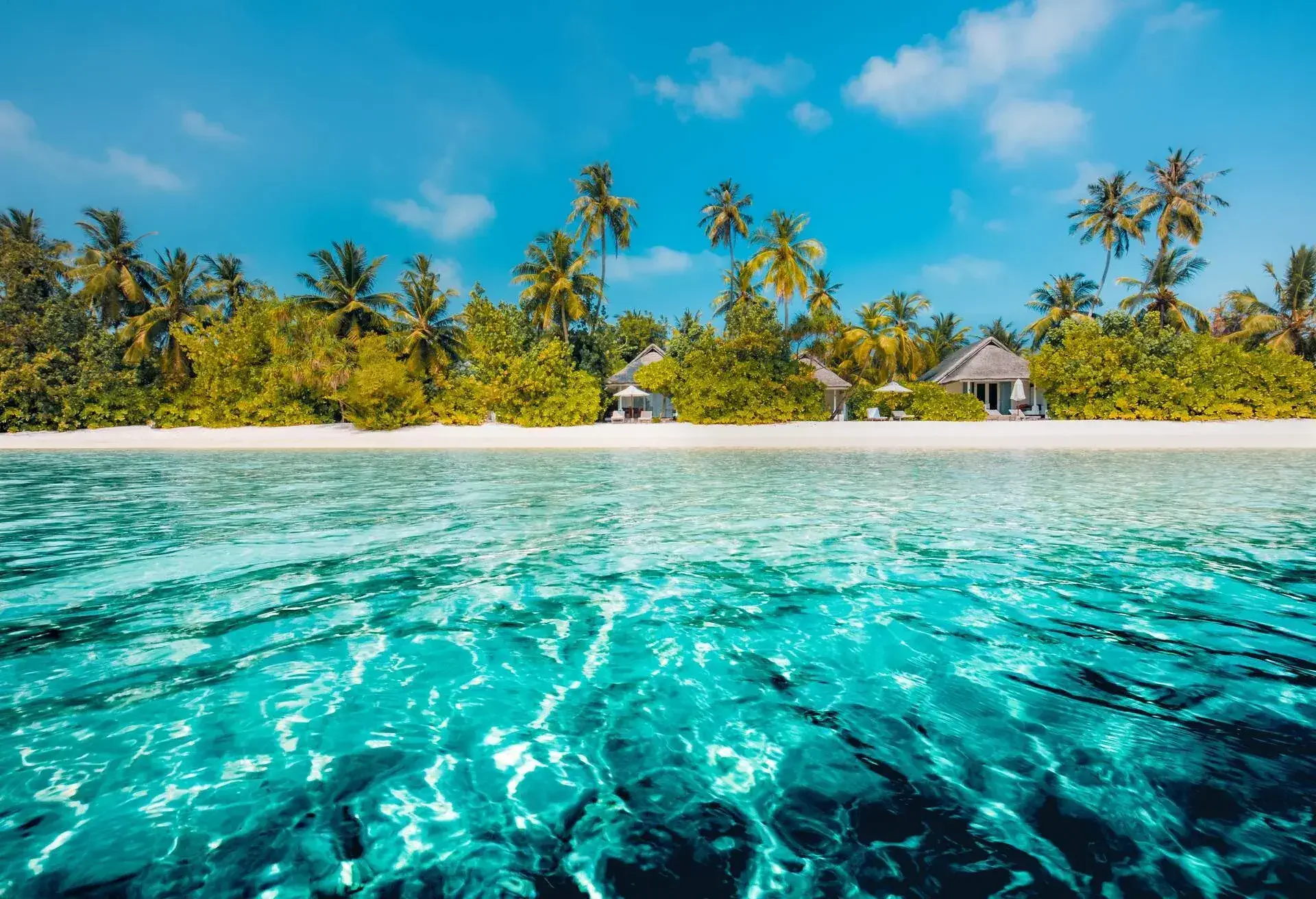 View of a white sand beach and turquoise water in the Maldives