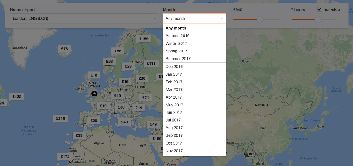 Use this interactive map to help find the best flight deals worldwide according to your budget