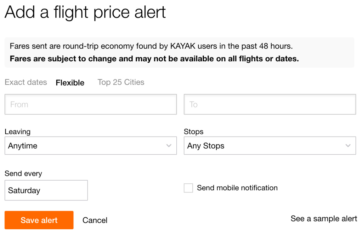 KAYAK Price Alert Flexible Dates