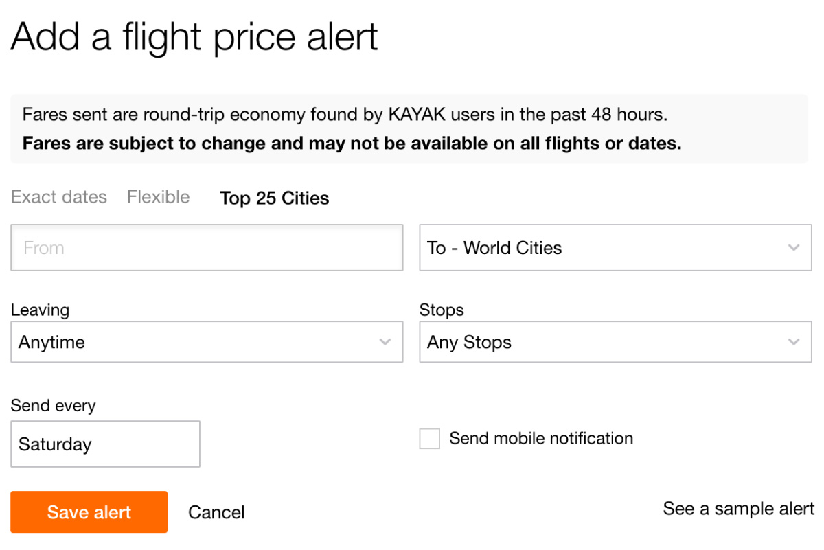 KAYAK Price Alert Top Cities