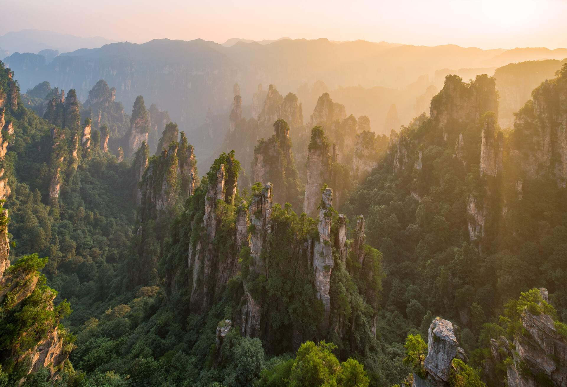 Tian Zi Mountain of Zhangjiajie National Forest Park at sunset, Hunan, China