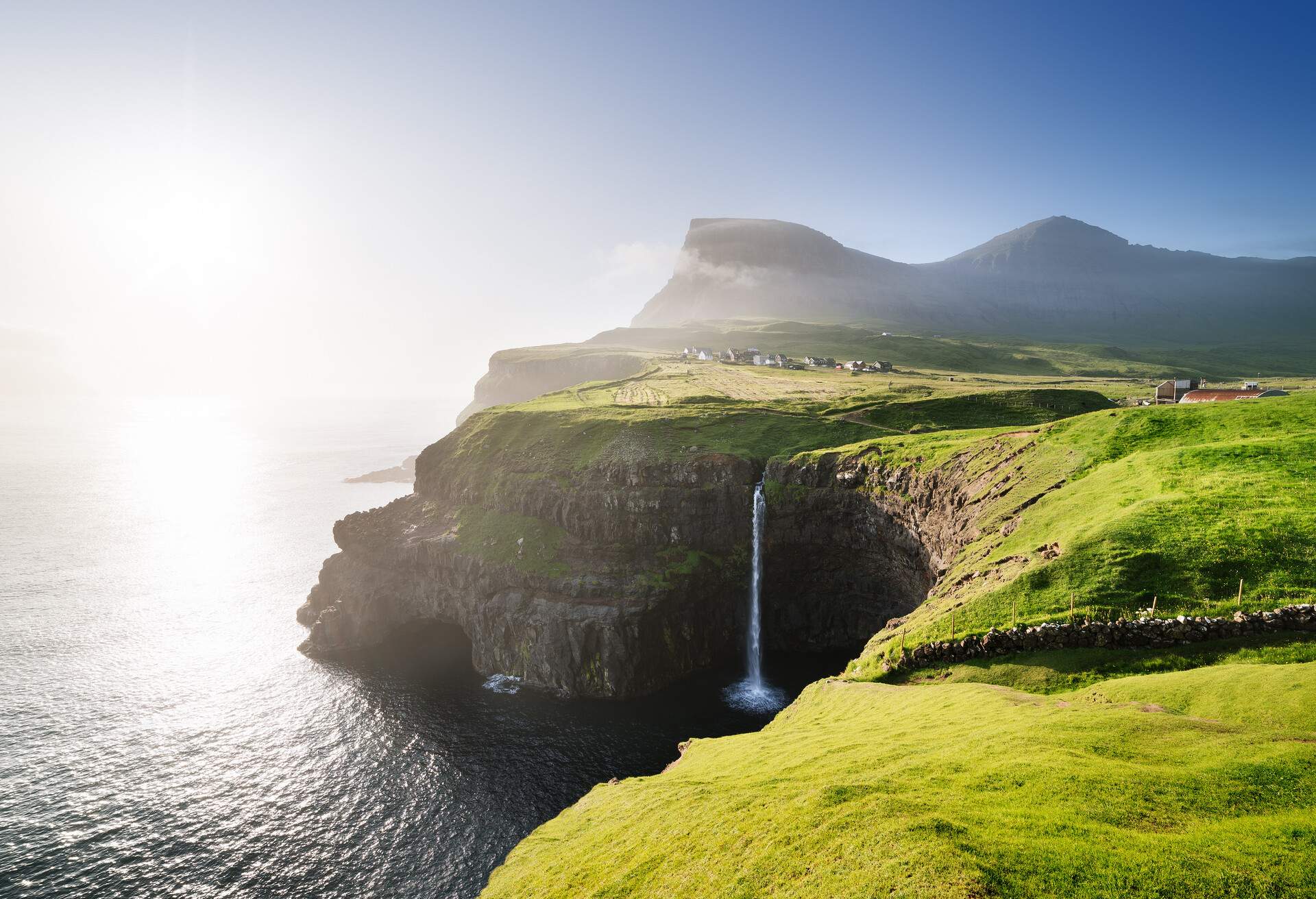 View on Mulafossur waterfall in Gasadalur village, Faroe Islands
