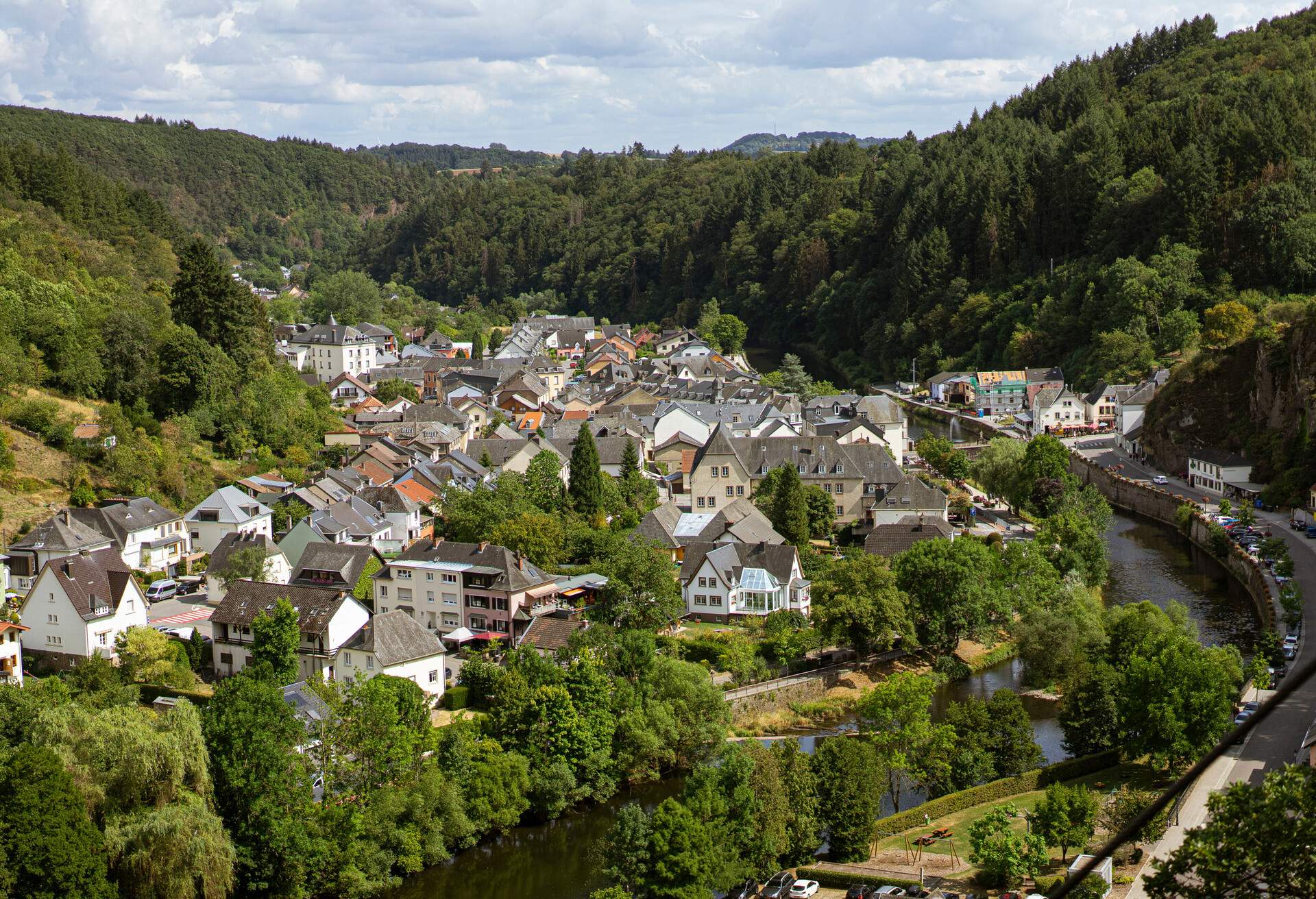 .Panoramic view from above of Vianden, Luxembourg. Travel by car in summer; Shutterstock ID 1585493821