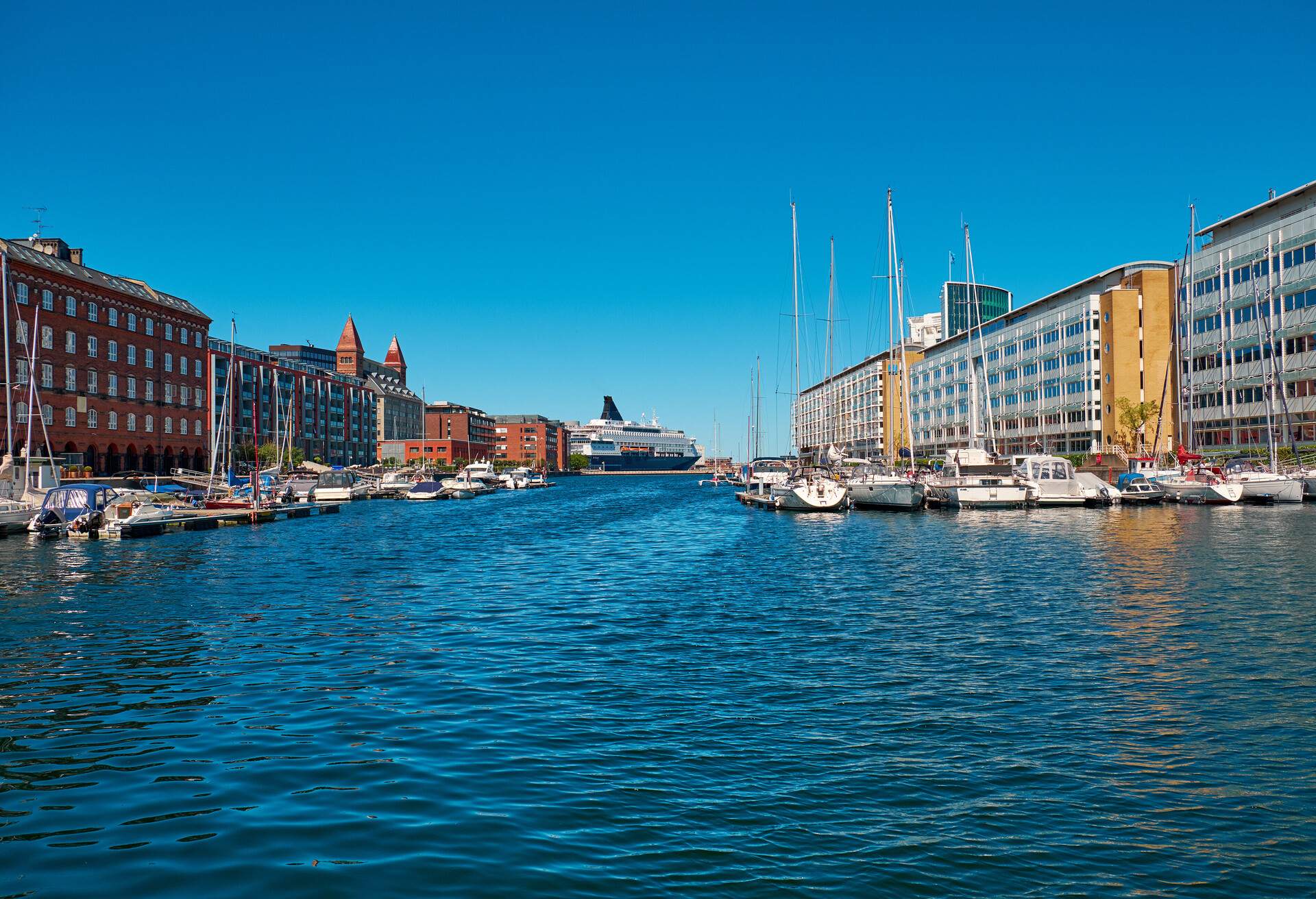 Modern buildings on the bank of the canal in Copenhagen, Denmark.