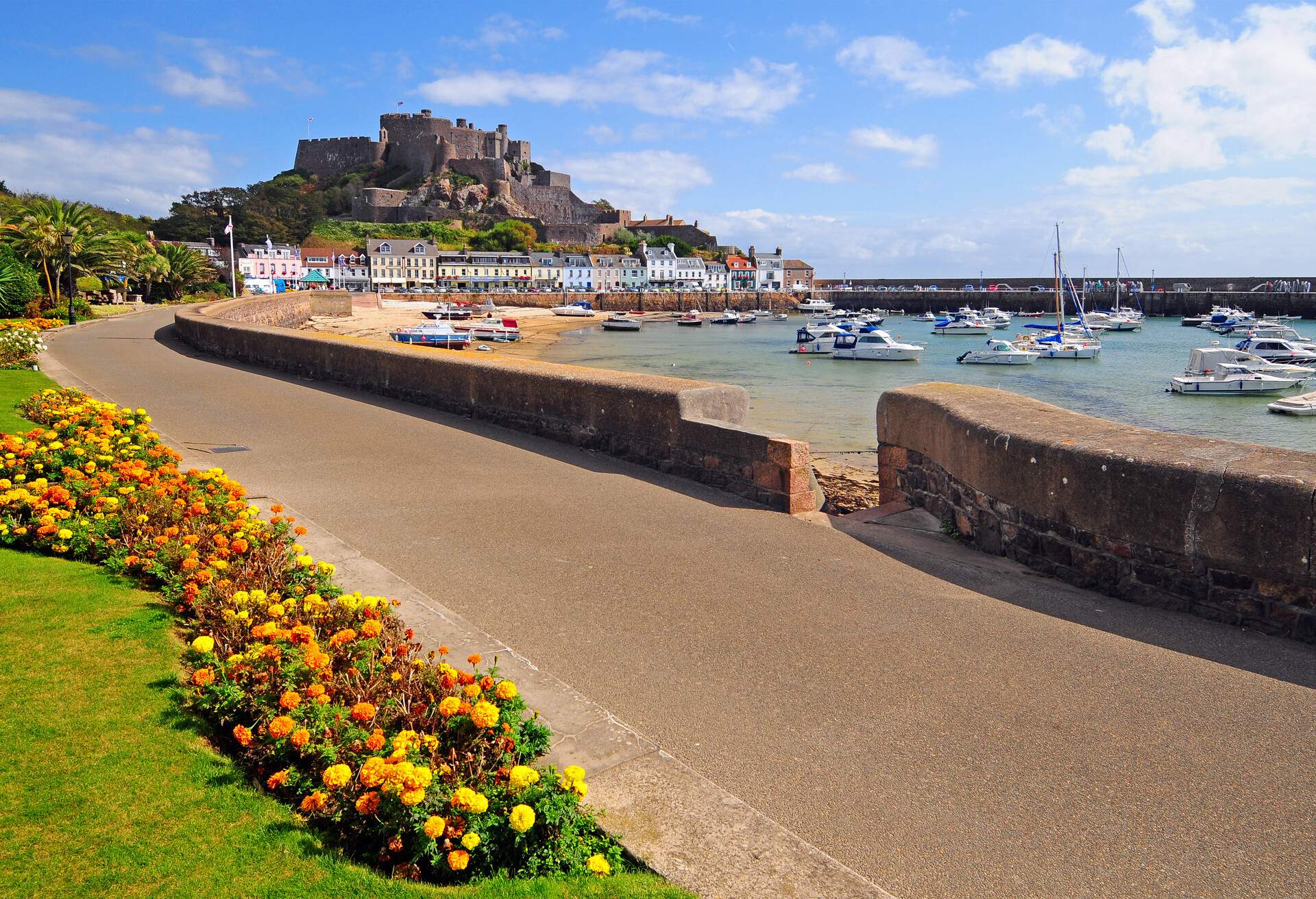 Gorey Harbour and Mont Orgueil Castle in Jersey, Channel Islands