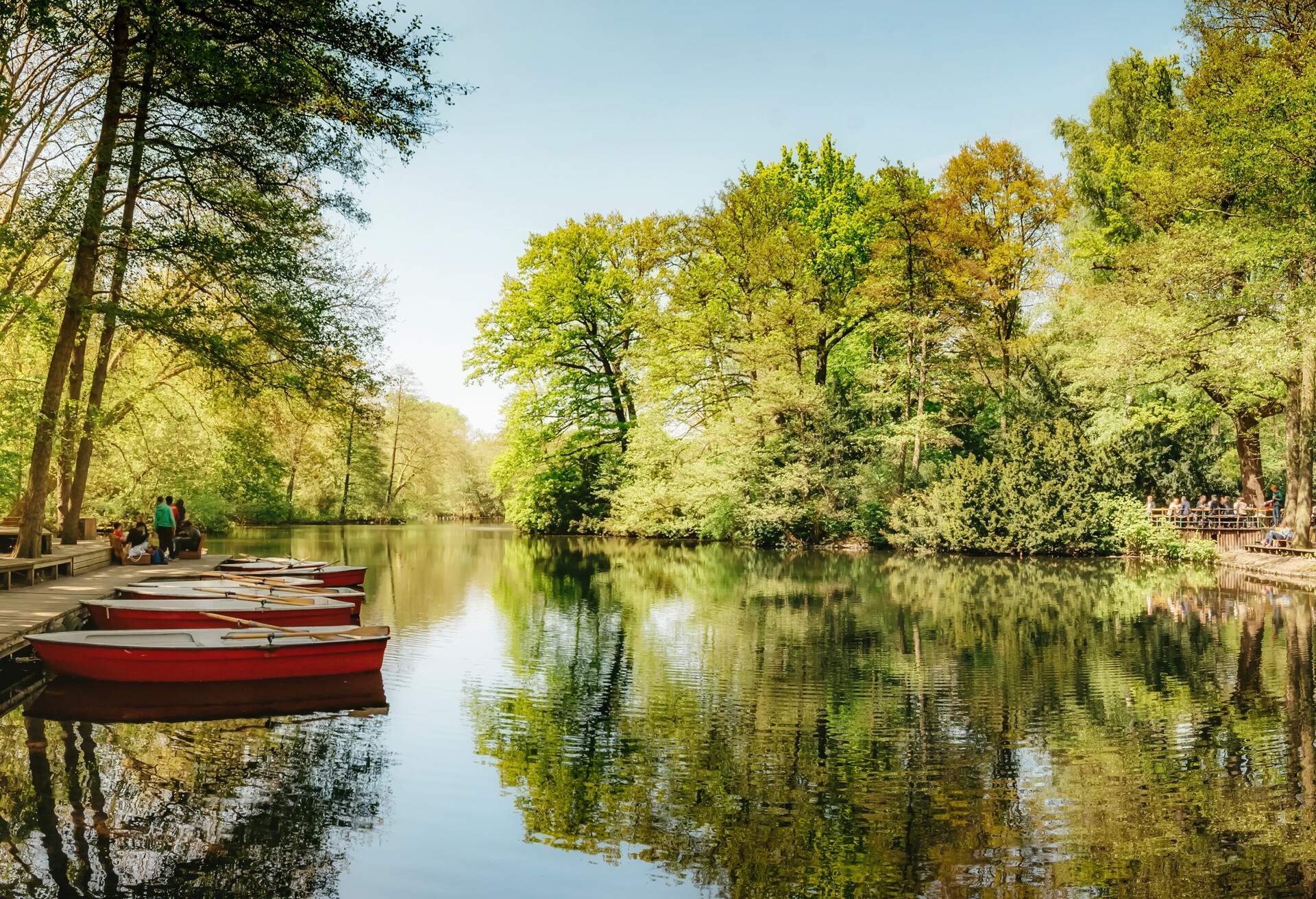 red rowboats at Neuer See in Berlin Tiergarten, Germany