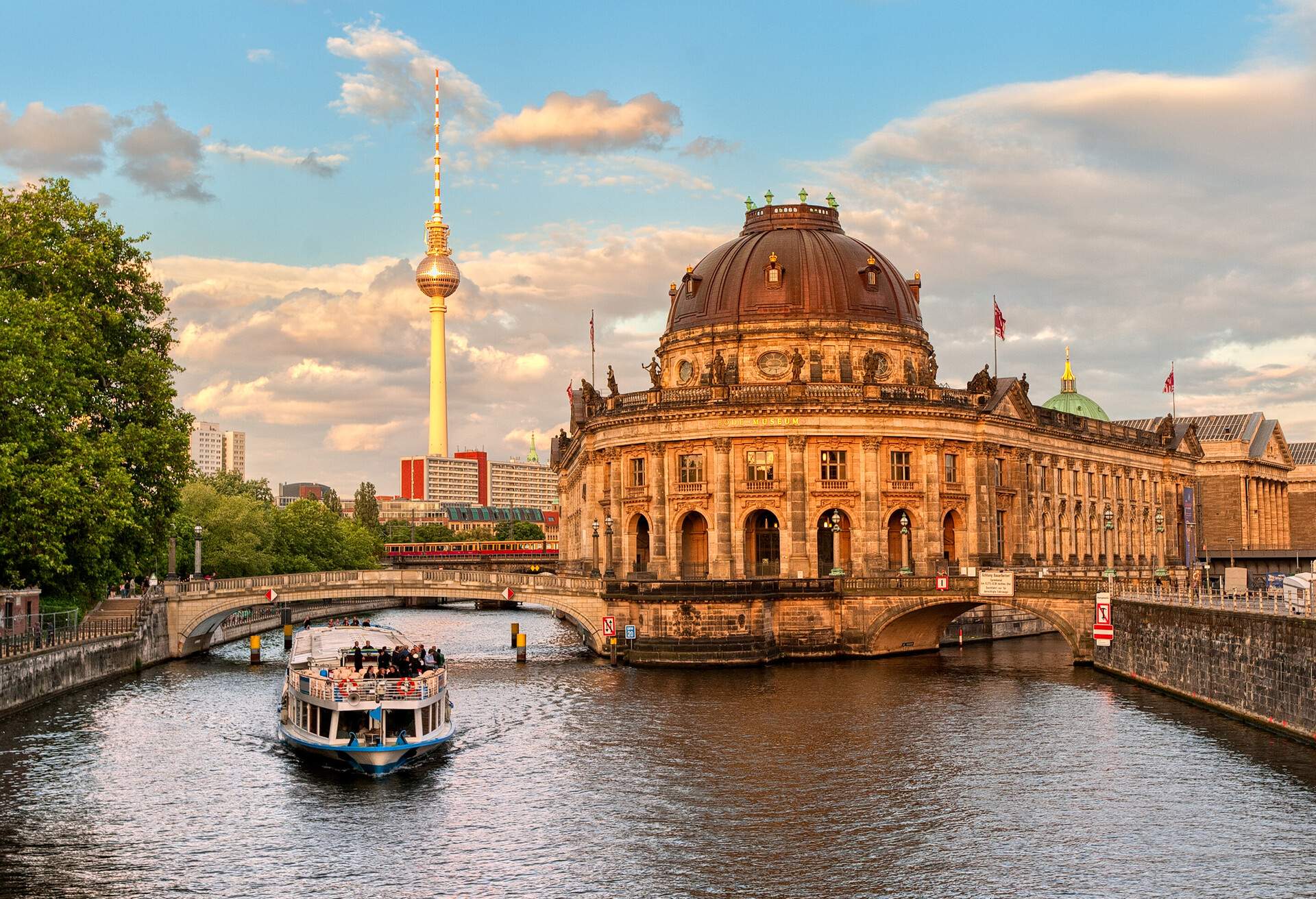 Museum island on Spree river and Alexanderplatz TV tower in center of Berlin, Germany