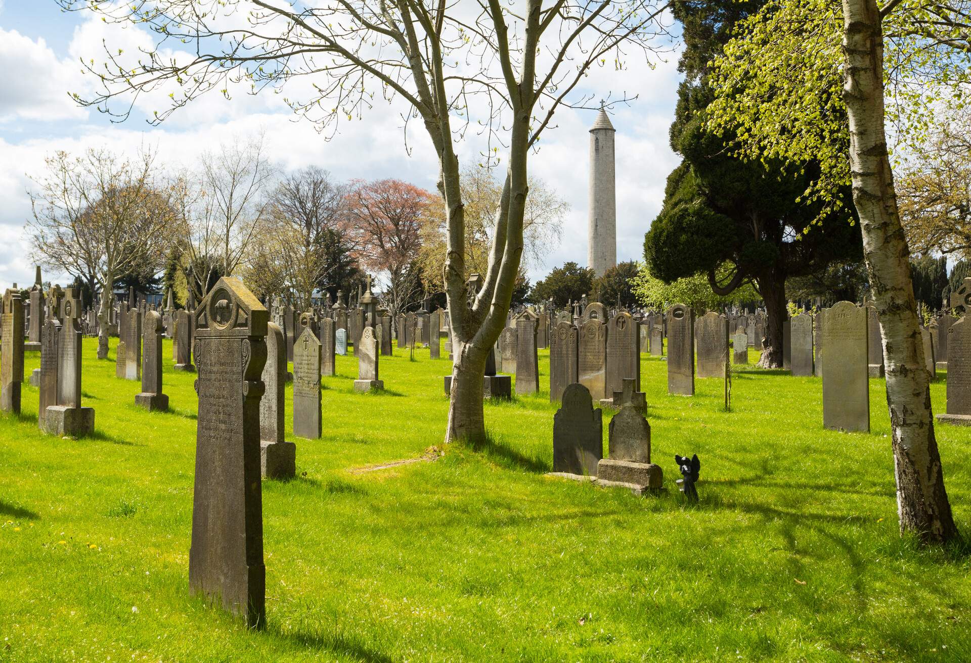 Tombstones in the cemetery of Glasnevin in Dublin on a sunny day