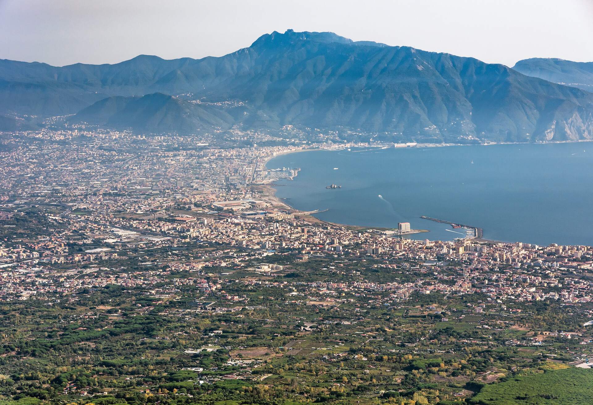Foggy view of gulf of Naples and towns south of Mount Vesuvius