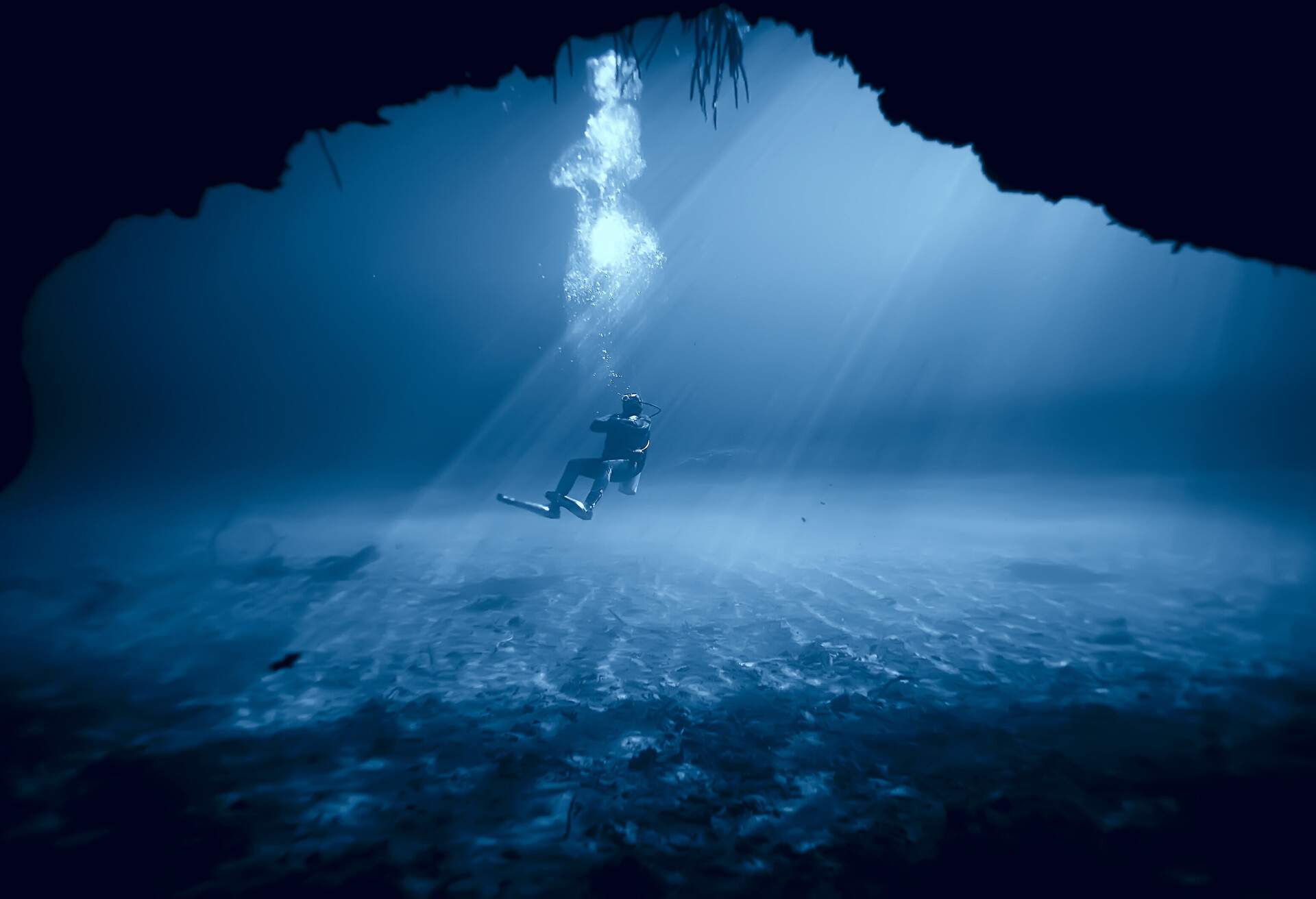 underwater world cave of yucatan cenote, dark landscape of stalactites underground, diver; Shutterstock ID 1715896810; purchase_order: ; job: KAYAK; client: ; other: