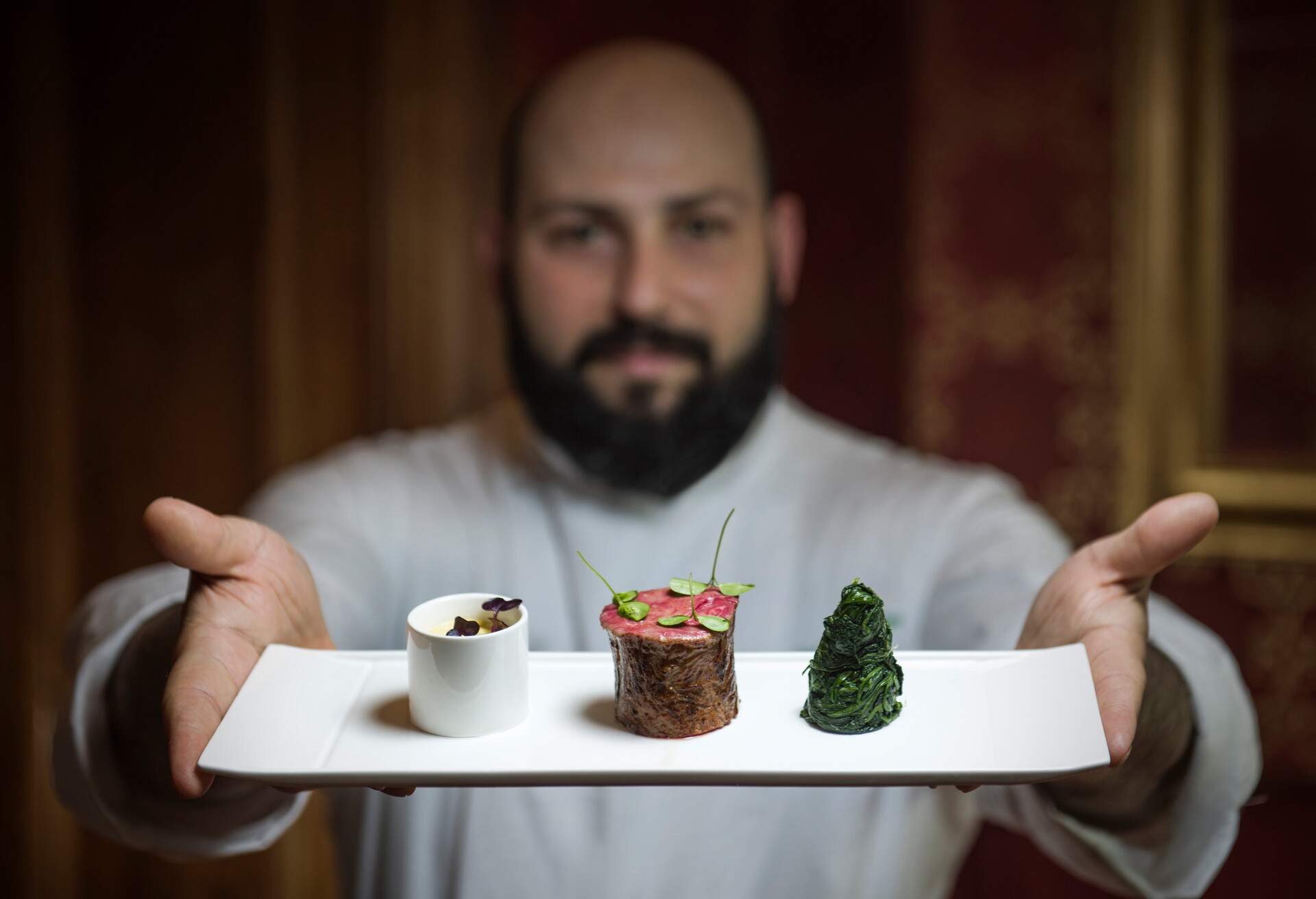 Luxury hotel Chef showing food under Low-key lighting