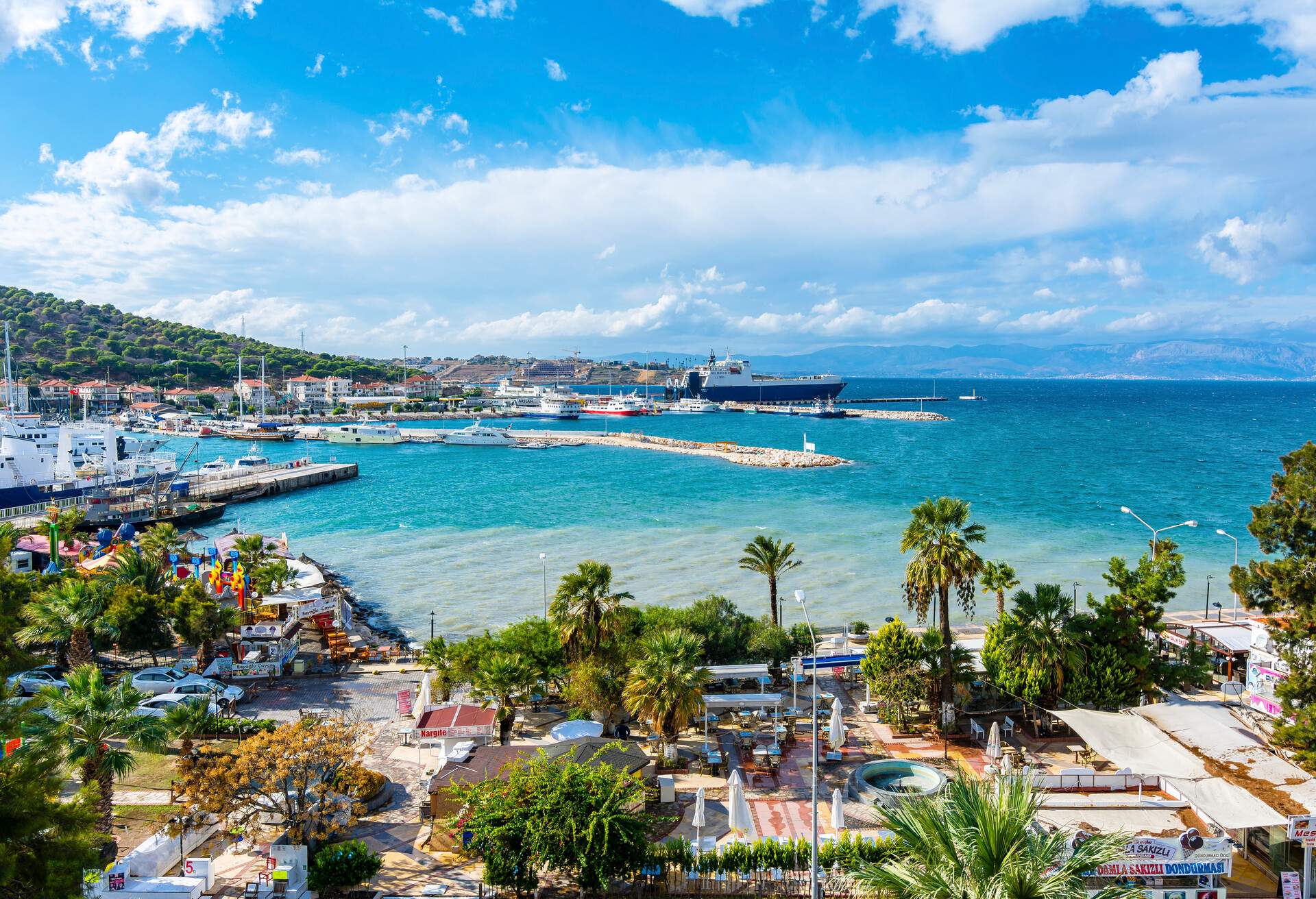 Bright blue skys and a pier dotted with palm trees at Çeşme