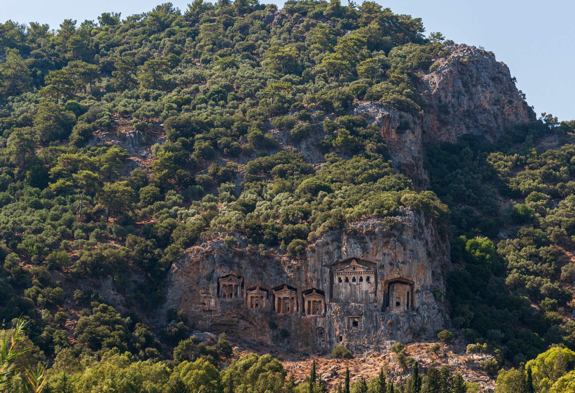 Historical rock tombs from Dalyan Stream with their unique beauty, which contain Caretta carettas, located in the province of Muğla, Turkey.