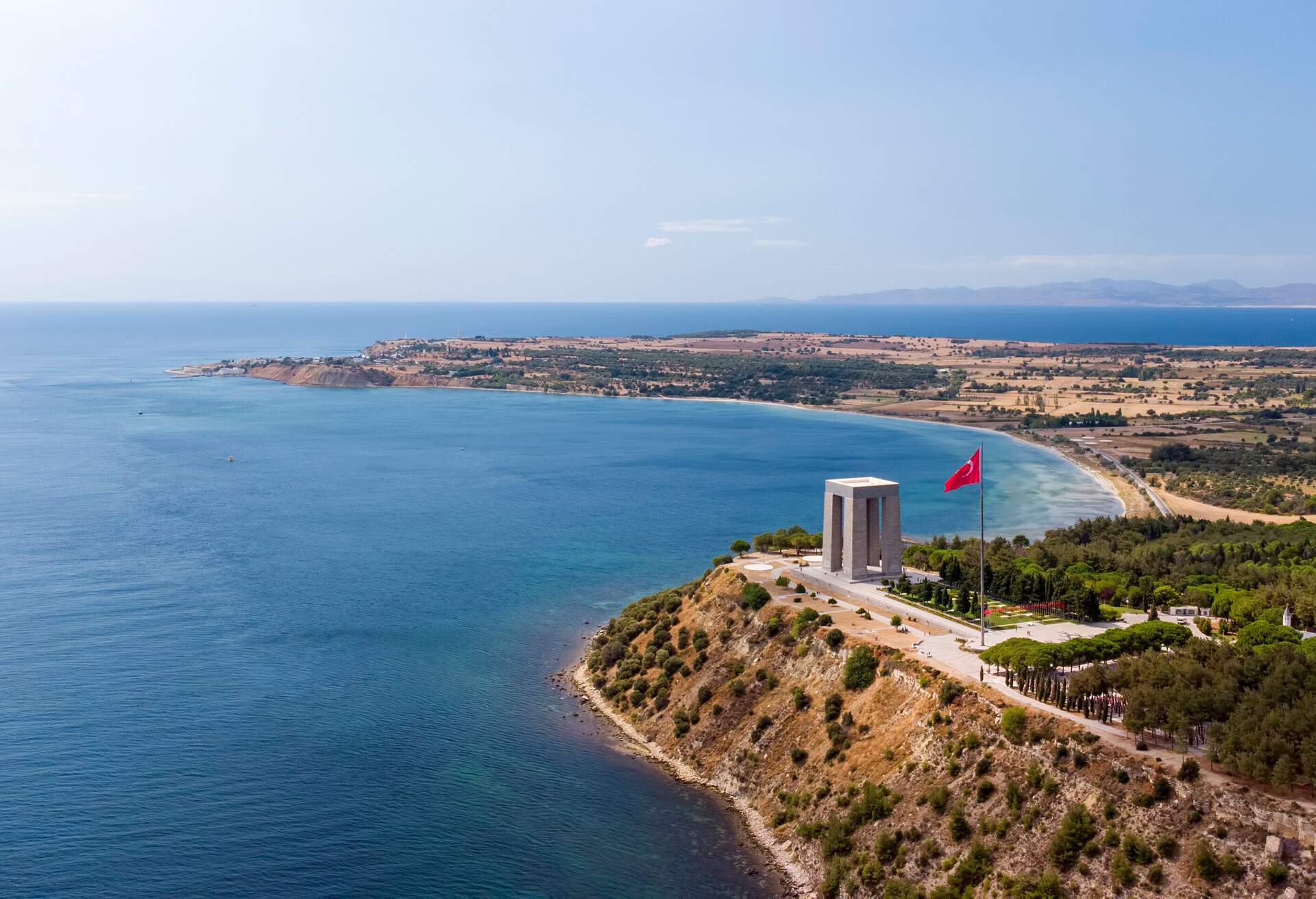 Gallipoli peninsula, where Canakkale land and sea battles took place during the first world war. Martyrs monument and Anzac Cove. Photo shoot with drone.