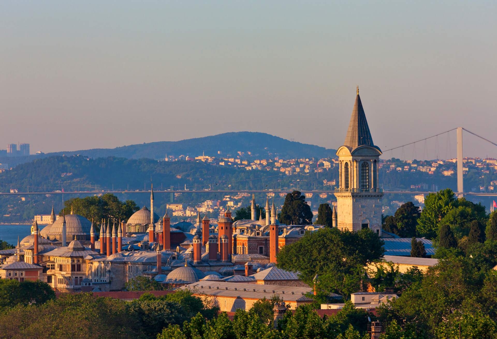 View of Istanbul's skyline at dusk in the summer