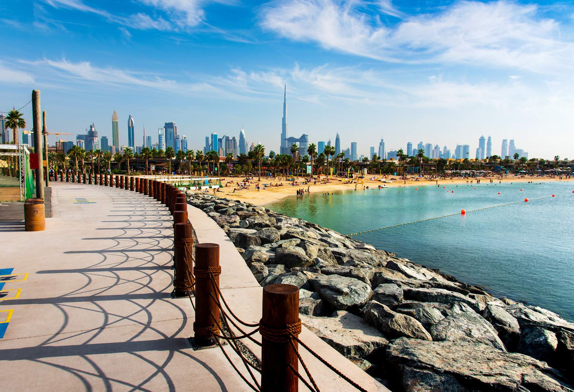 Panoramic landmark view of Dubai from La Mer beach