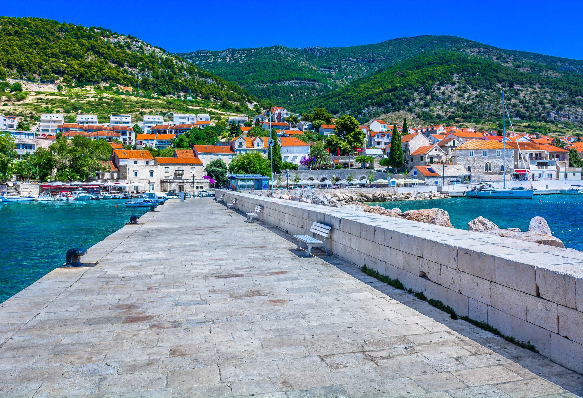 Scenic mediterranean view at Bol town, famous luxury travel resort in Croatia, Island Brac.