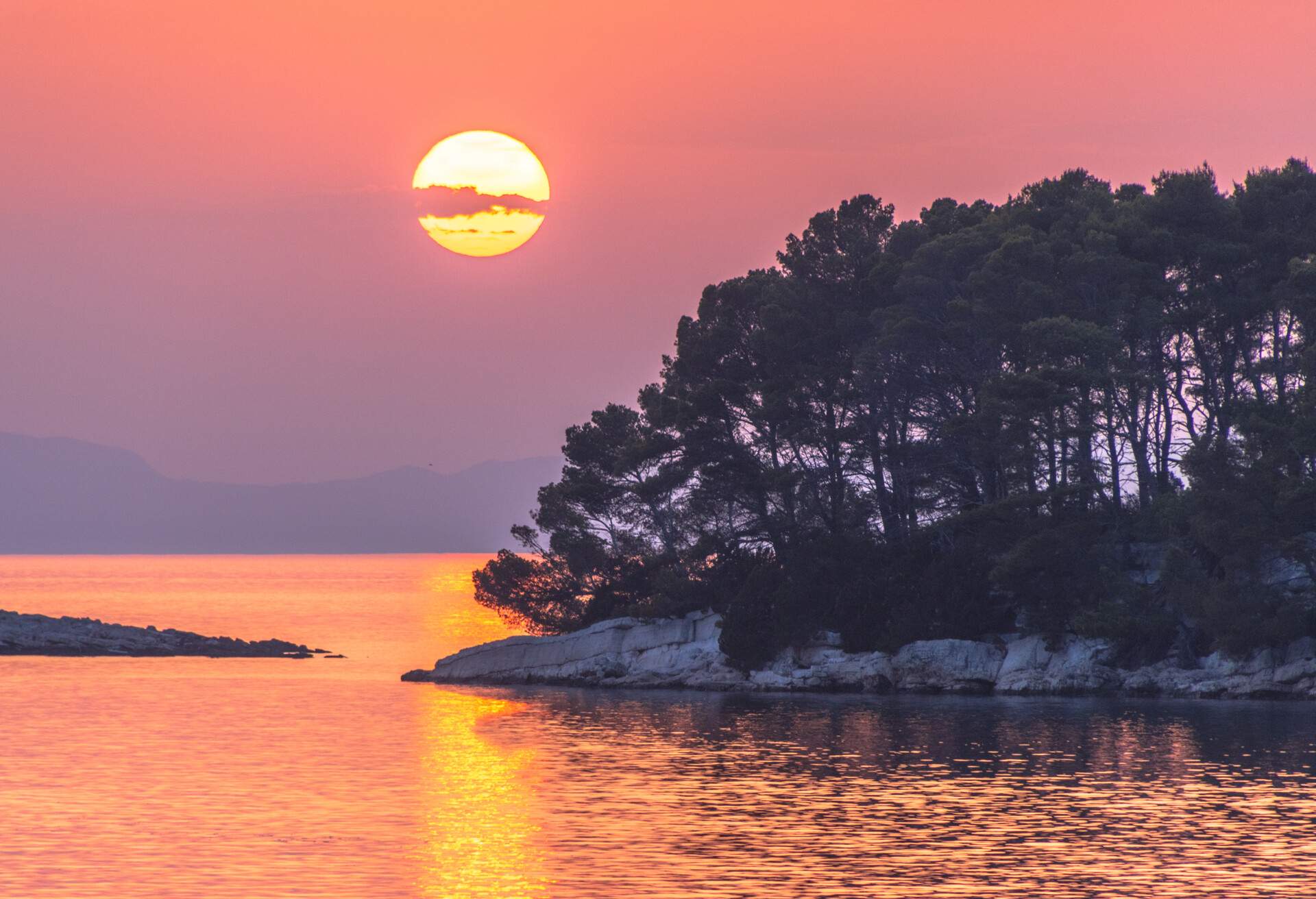 Sunset over the Adriatic sea, as seen on the island of Mljet, in Dalmatia region of Croatia.