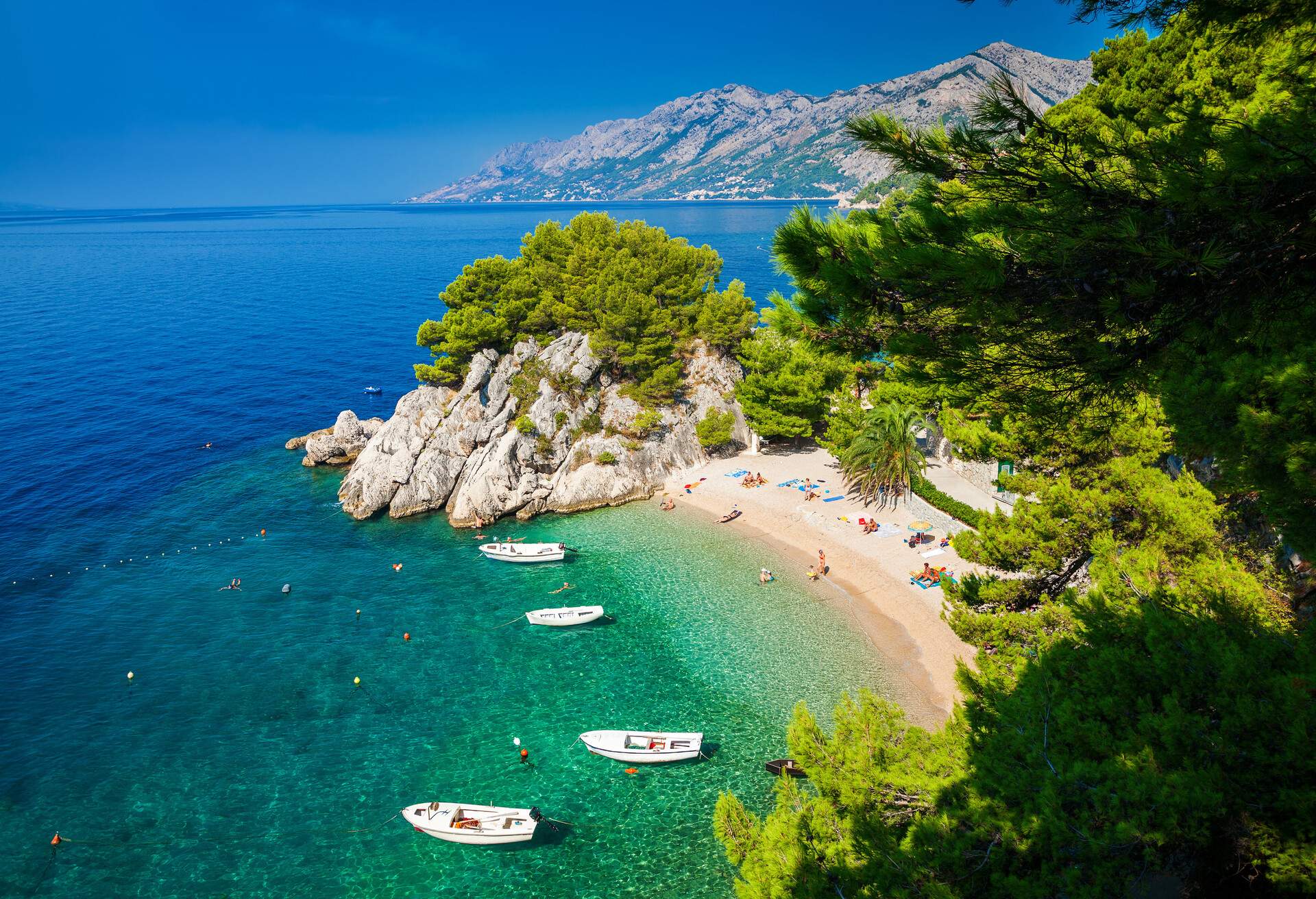 aerial view of the small beautiful Podrace beach in Brela, Makarska Riviera, Croatia