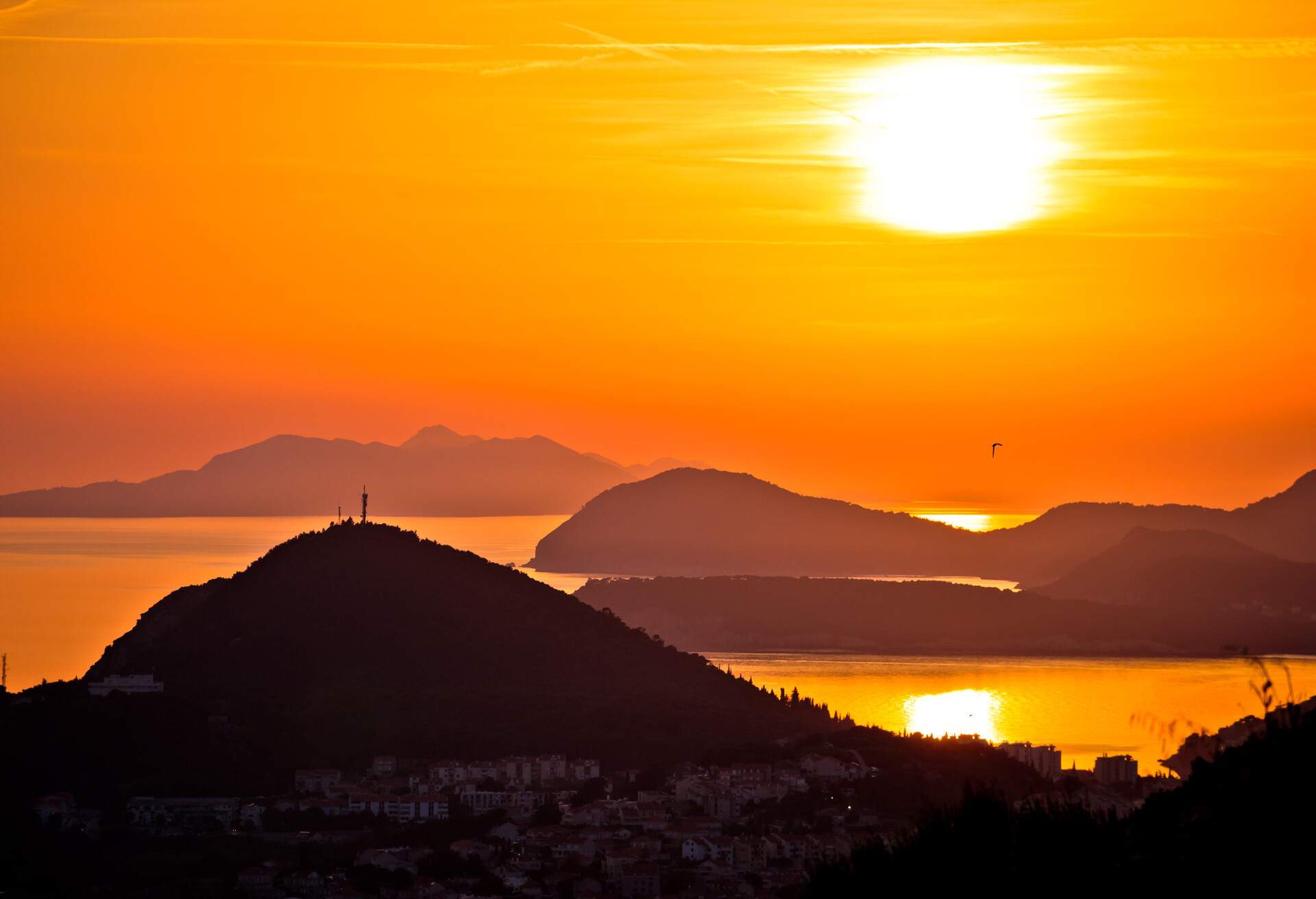 Idyllic sunset above Dubrovnik archipelago view, Dalmatia region of Croatia