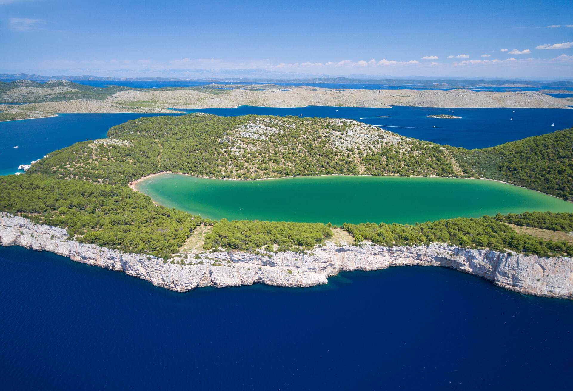 aerial view of the Slano lake in nature park Telascica, Croatia, Dugi otok.
