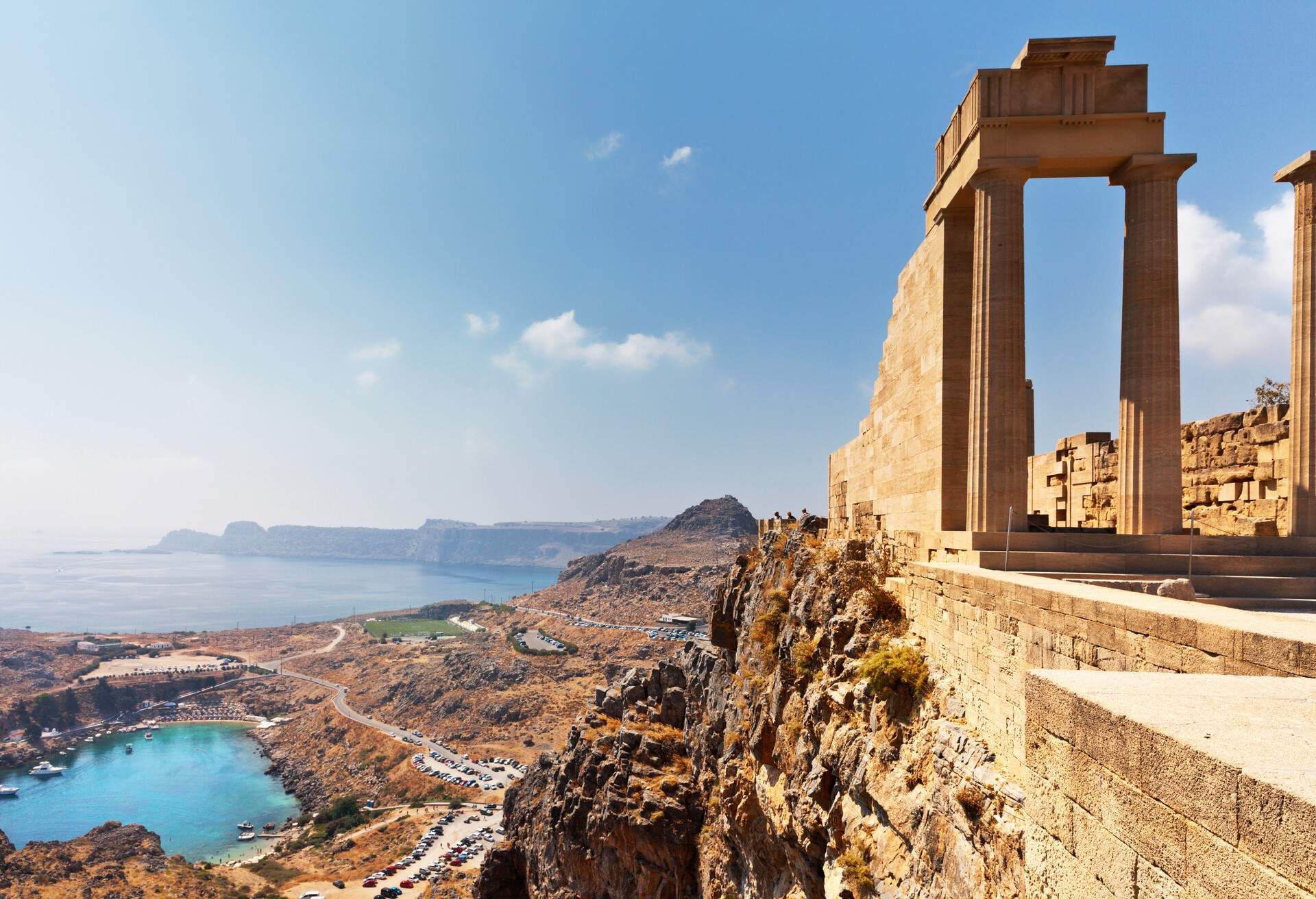 Greece. Rhodes Island. Acropolis of Lindos. View from the height of the ancient temple of Athena Lindia IV century BC to St. Paul's Bay in the form of the heart ; Shutterstock ID 758688799