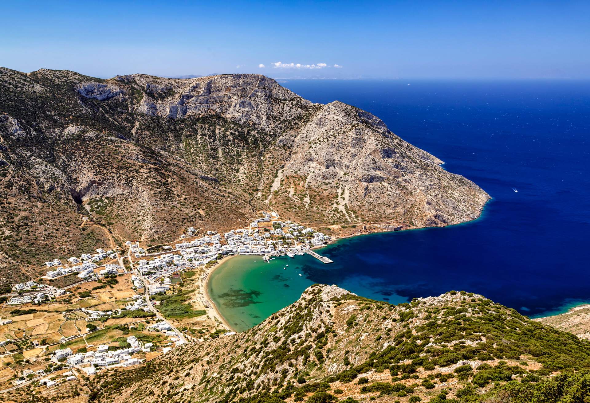 View of the port of Sifnos from the hill where the Agios Symeon church is located.