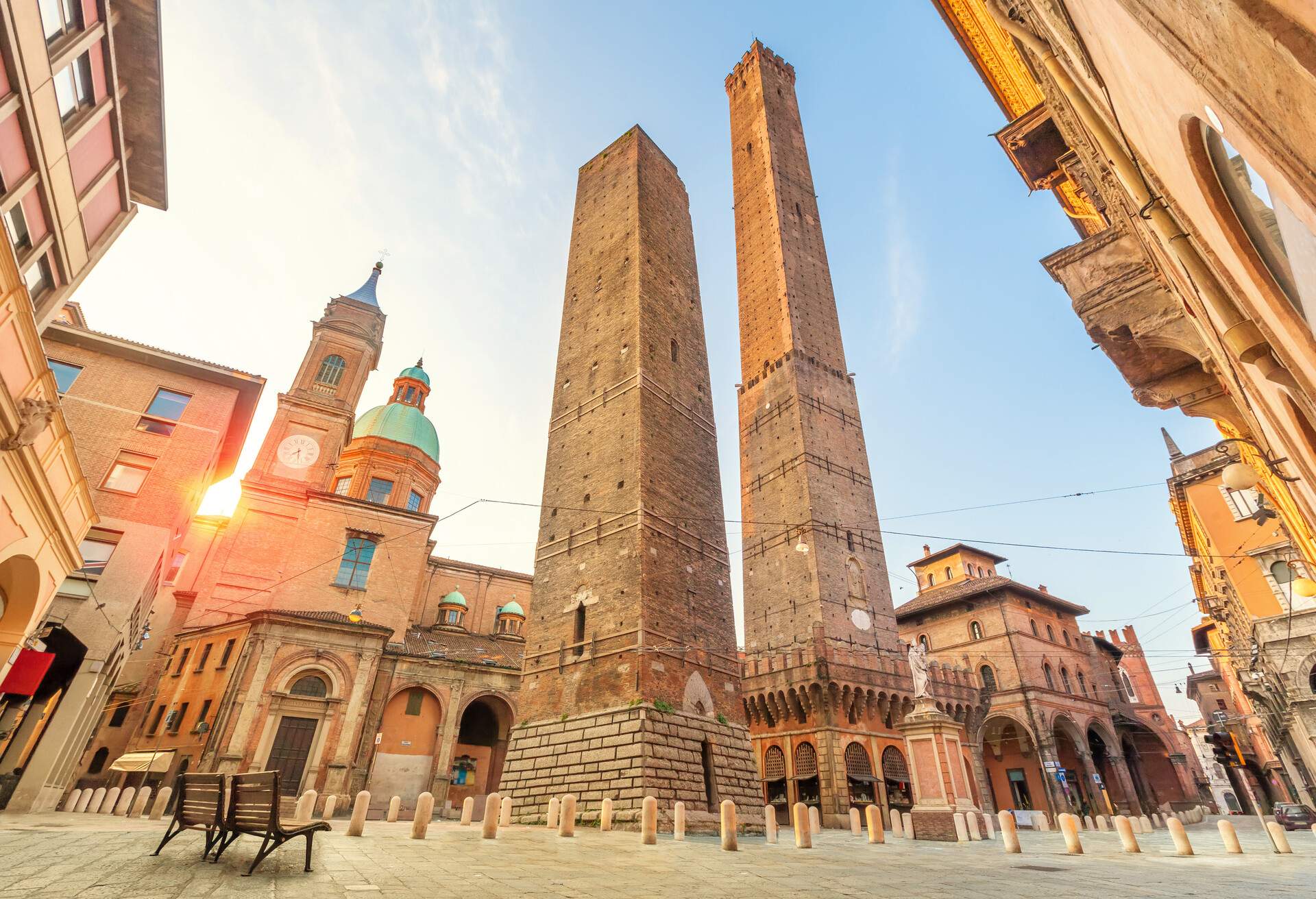 Two famous falling towers Asinelli and Garisenda in the morning, Bologna, Emilia-Romagna, Italy; Shutterstock ID 419143885