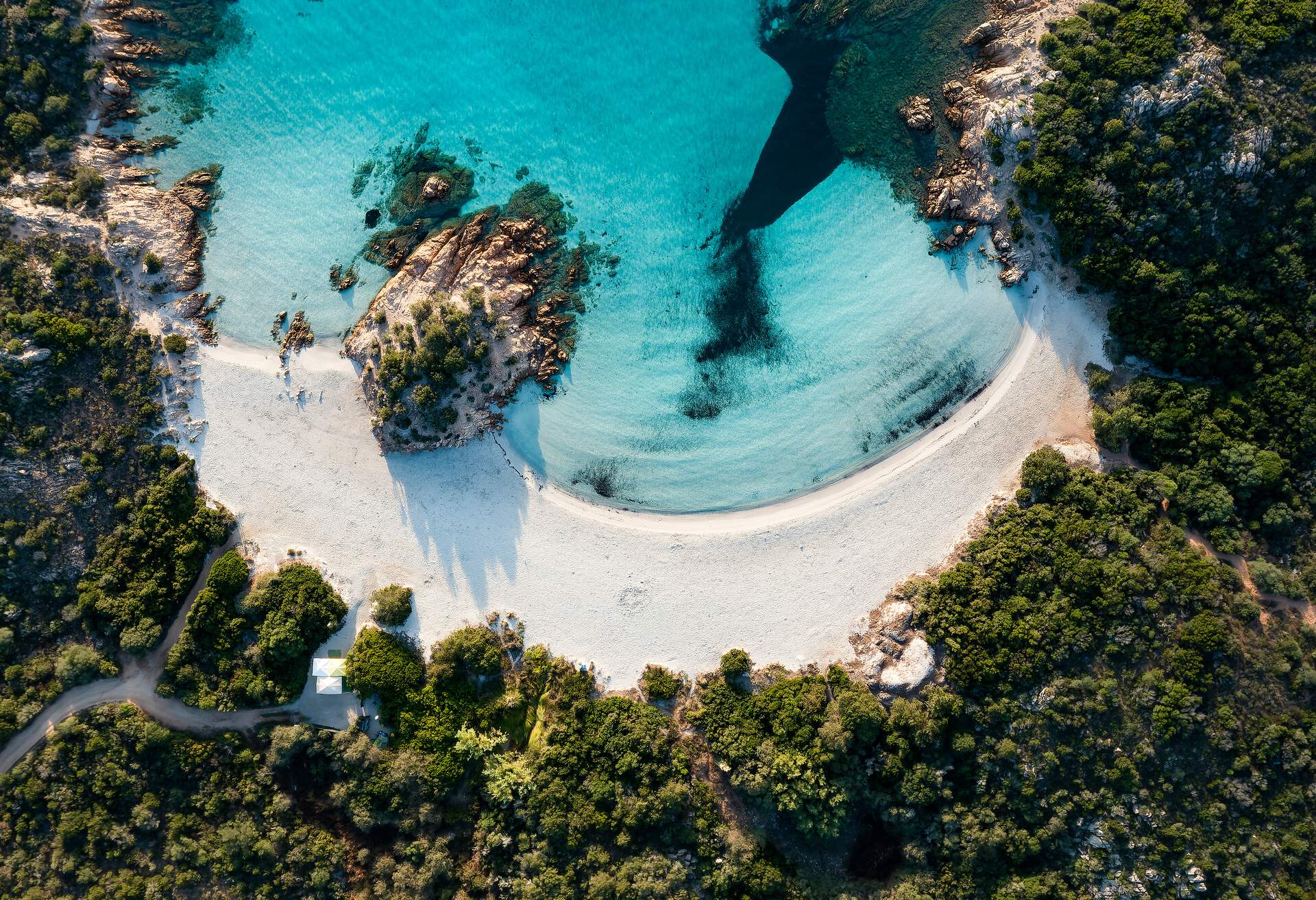 View from above, stunning aerial view of a green coast with the beautiful Prince Beach (Spiaggia del Principe) a white sand beach bathed by a turquoise water. Sardinia, Italy.