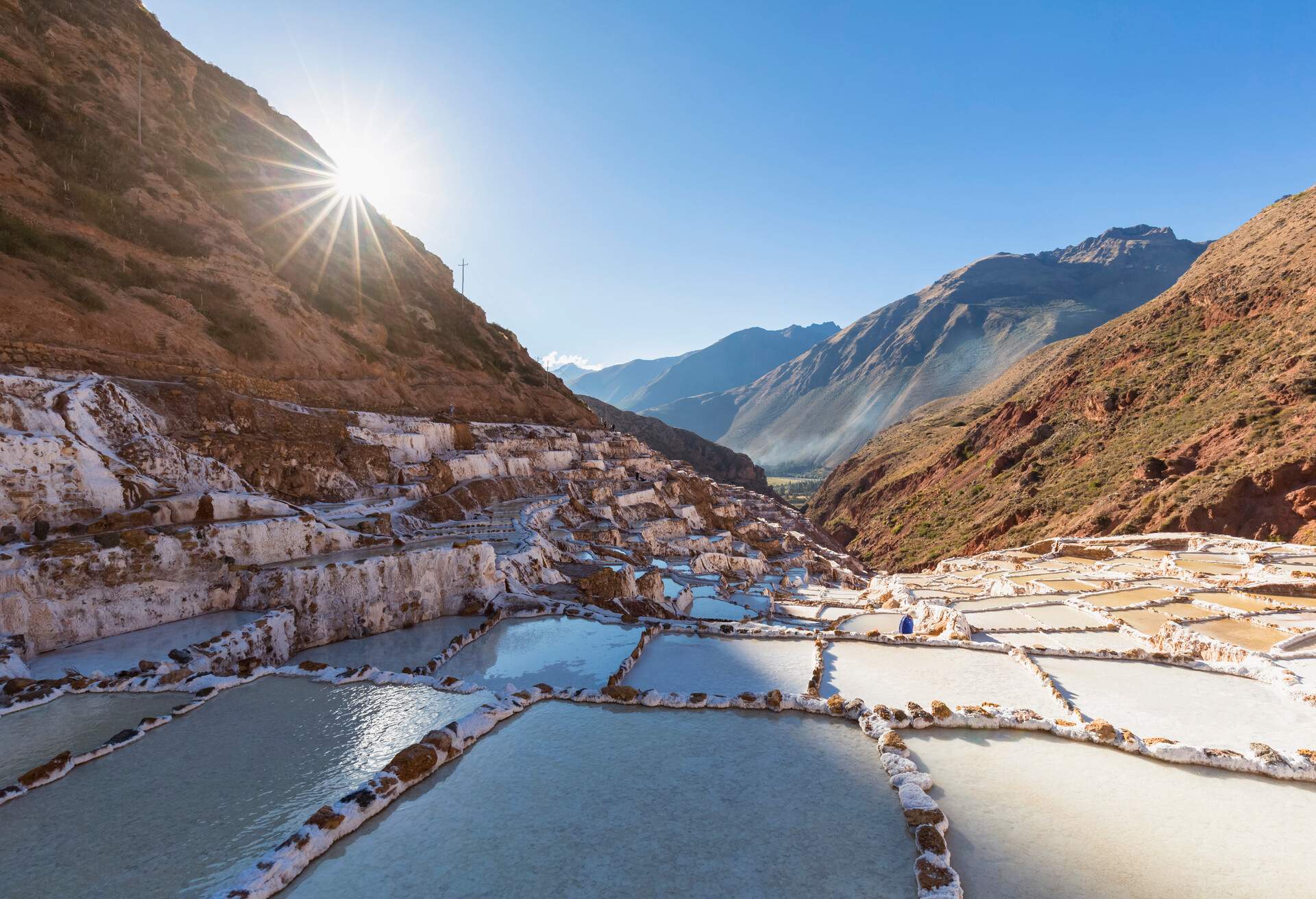 Layers of salt pits wedged between massive mountains.