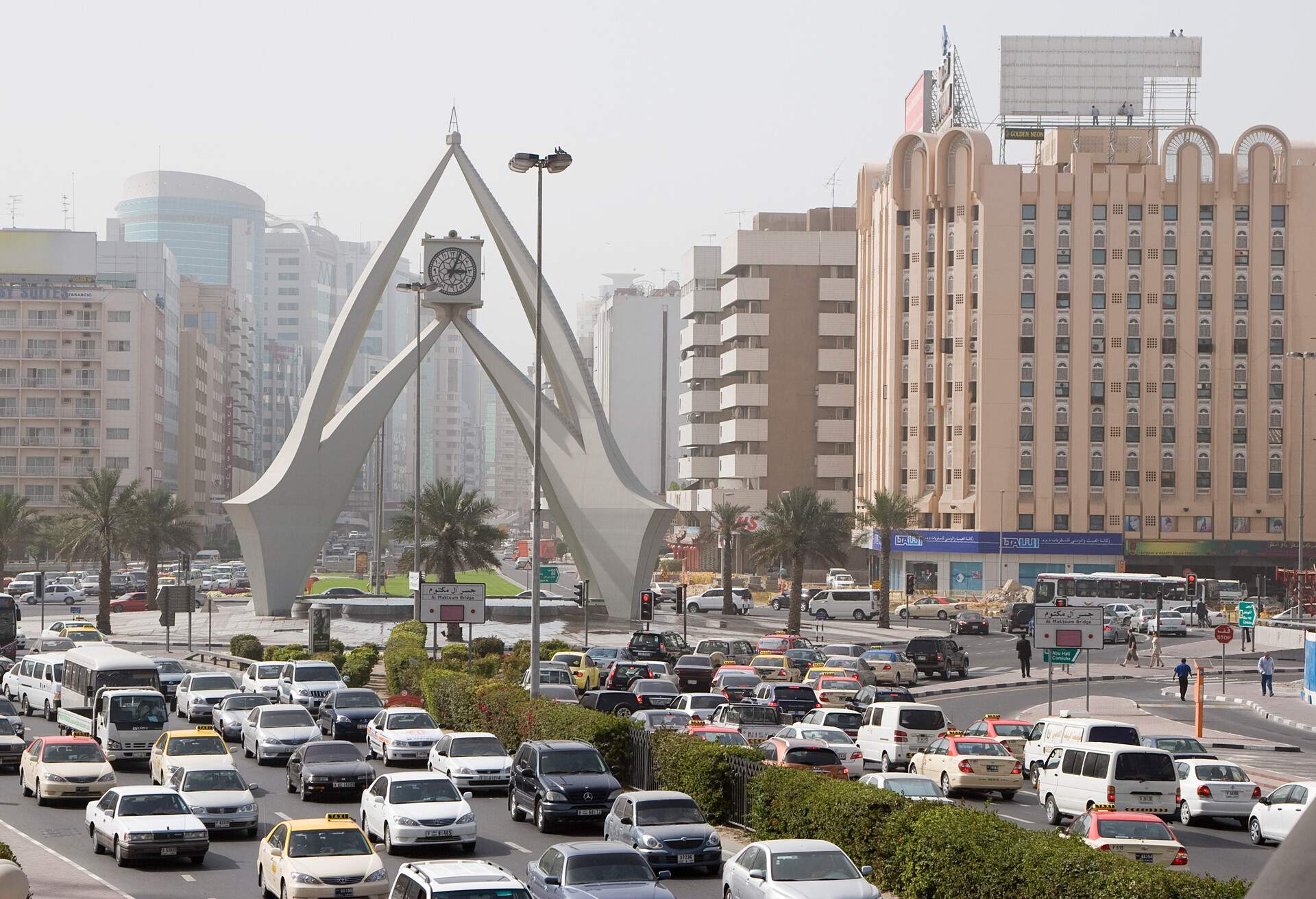 Dubai, UAE, Traffic is backed up in all directions at the Clock Tower roundabout on Al-Maktoum Road.