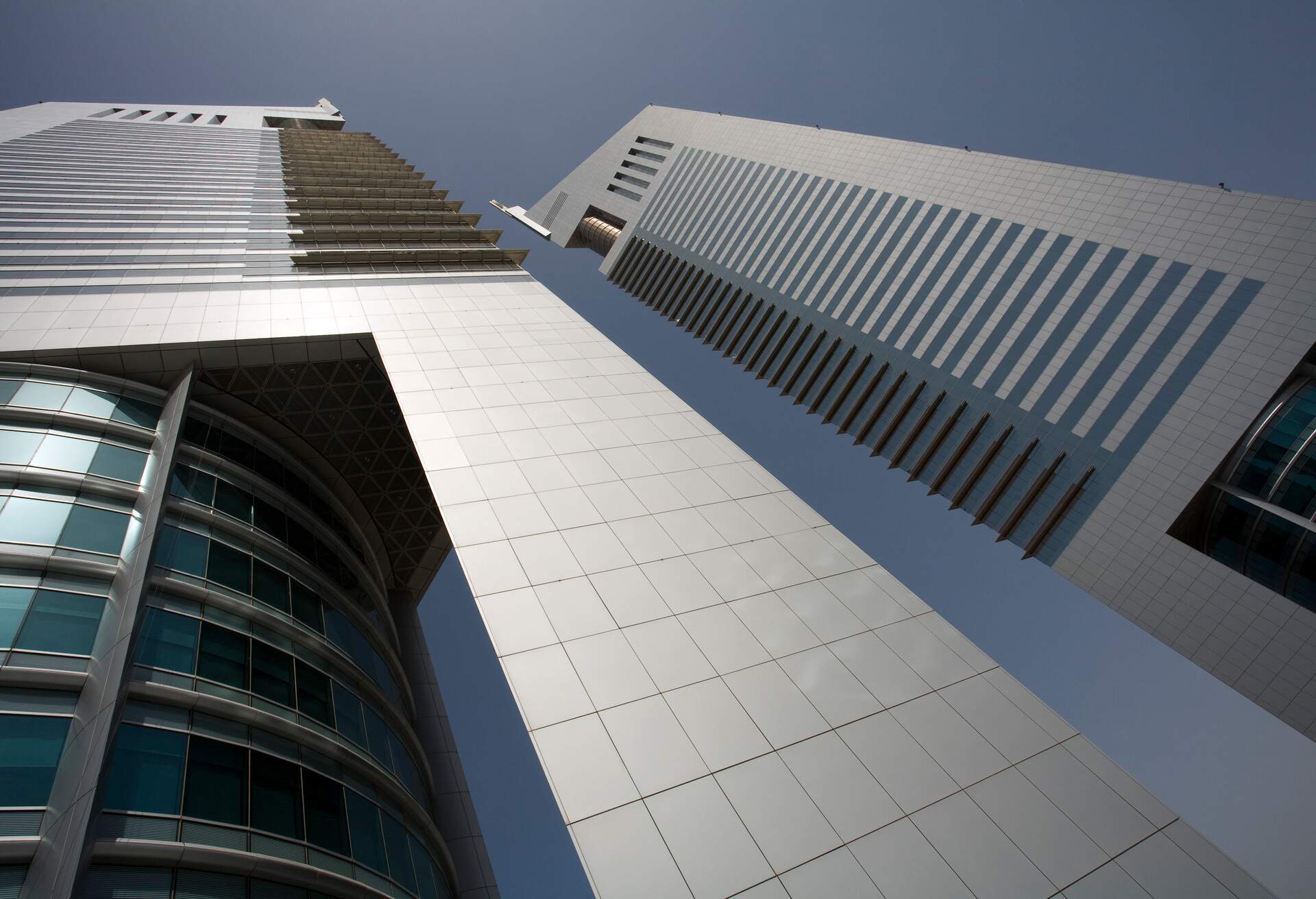 Dubai, UAE, View of Emirates Towers on Sheikh Zayed Road in Dubai