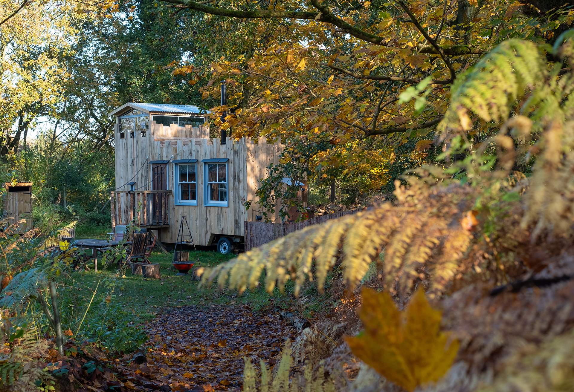 Glamping on Moat Island, UK on a sunny autumn day