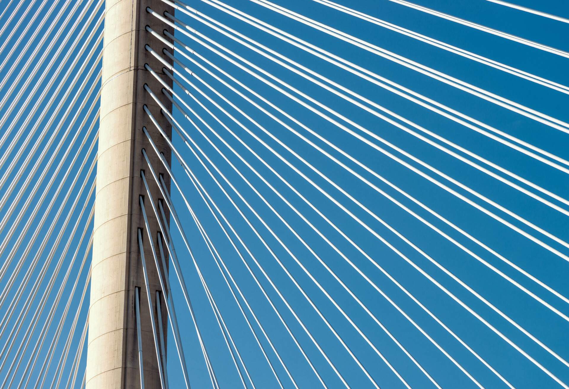 A close-up of one of the Queensferry Crossing bridge's three concrete towers, with steel cables radiating from the tower.