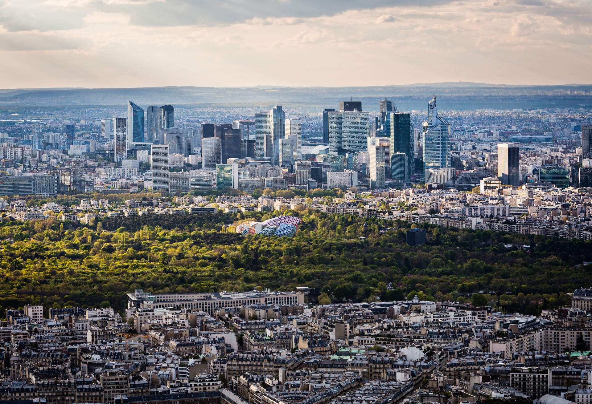 A densely forested park surrounded by a city's highly urbanised landscape and skyscrapers.