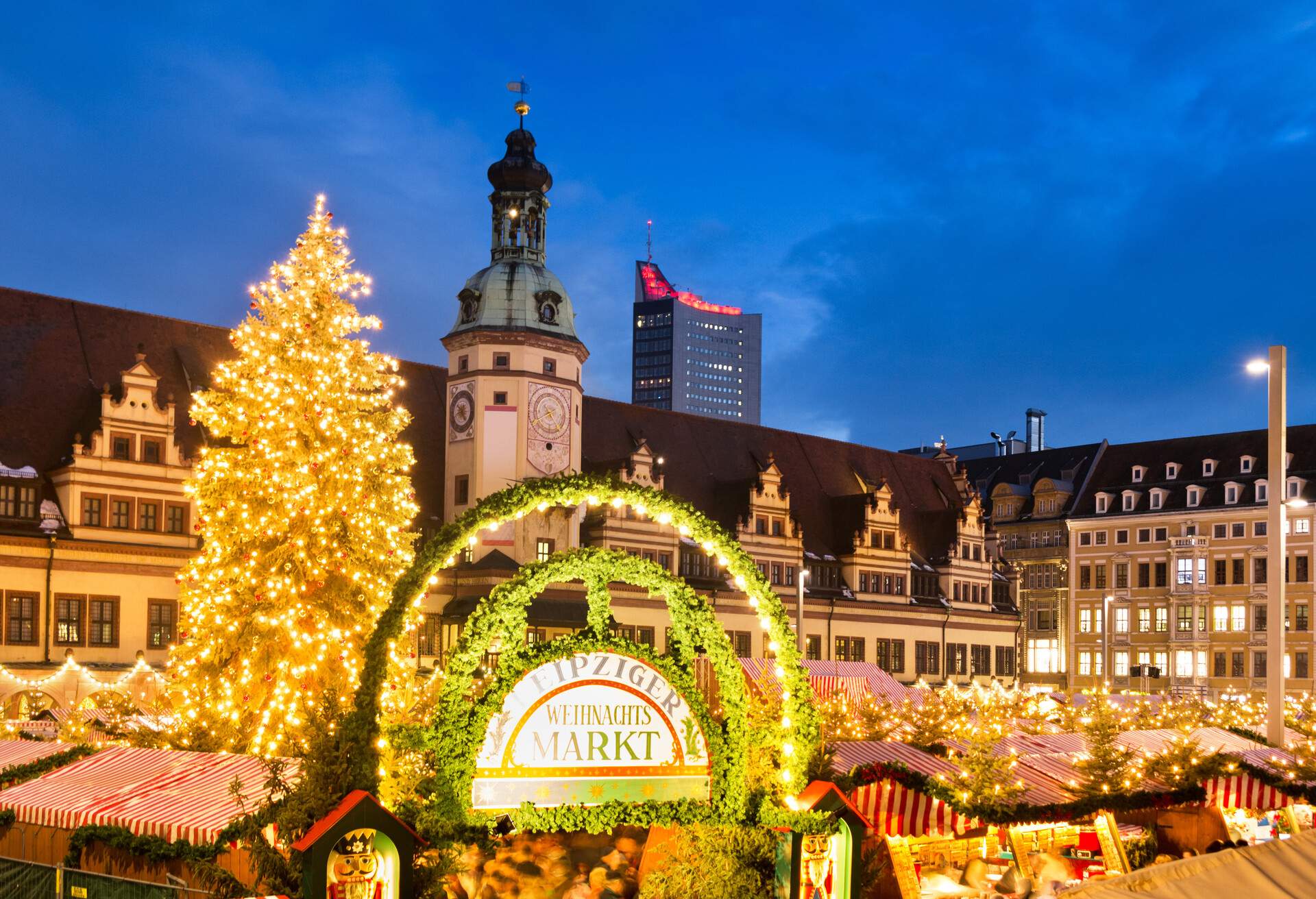 Aerial view of the christmas market in Leipzig, Germany.