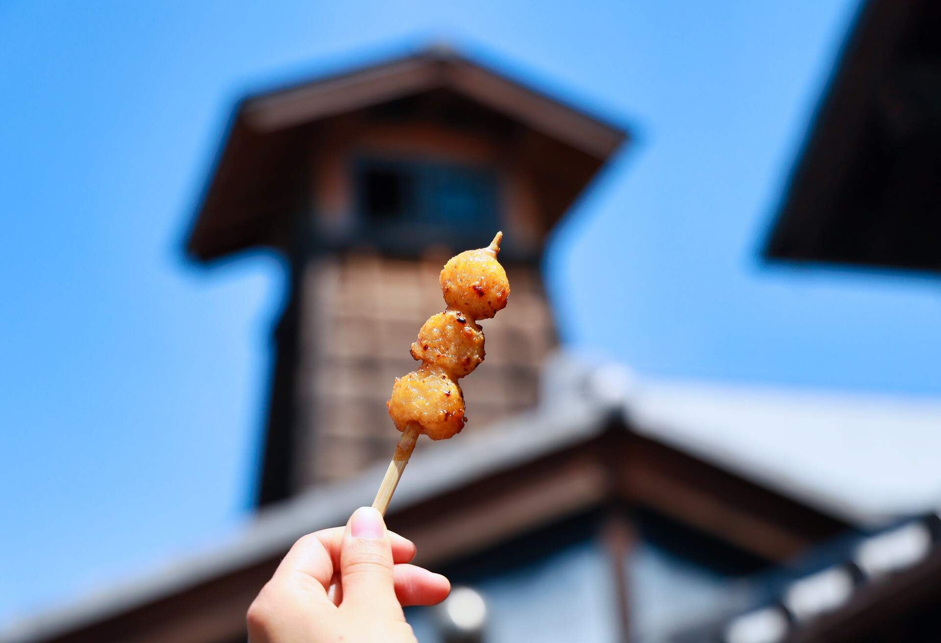 Woman's hand holding mitarashi dango while eating while walking around the old town