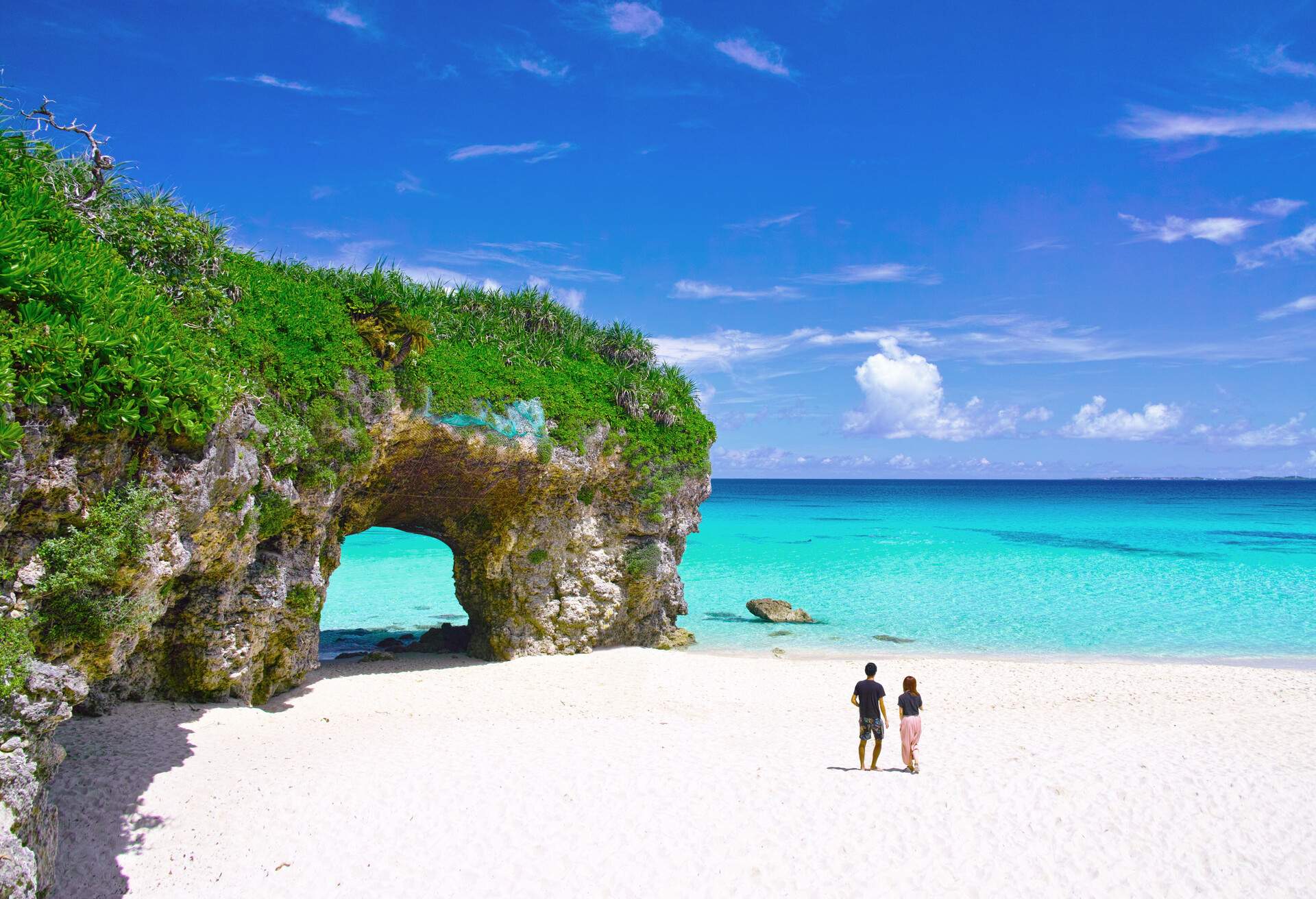 Miyakojima in summer. A couple watching the ocean at Sunayama beach; Shutterstock ID 1071224255