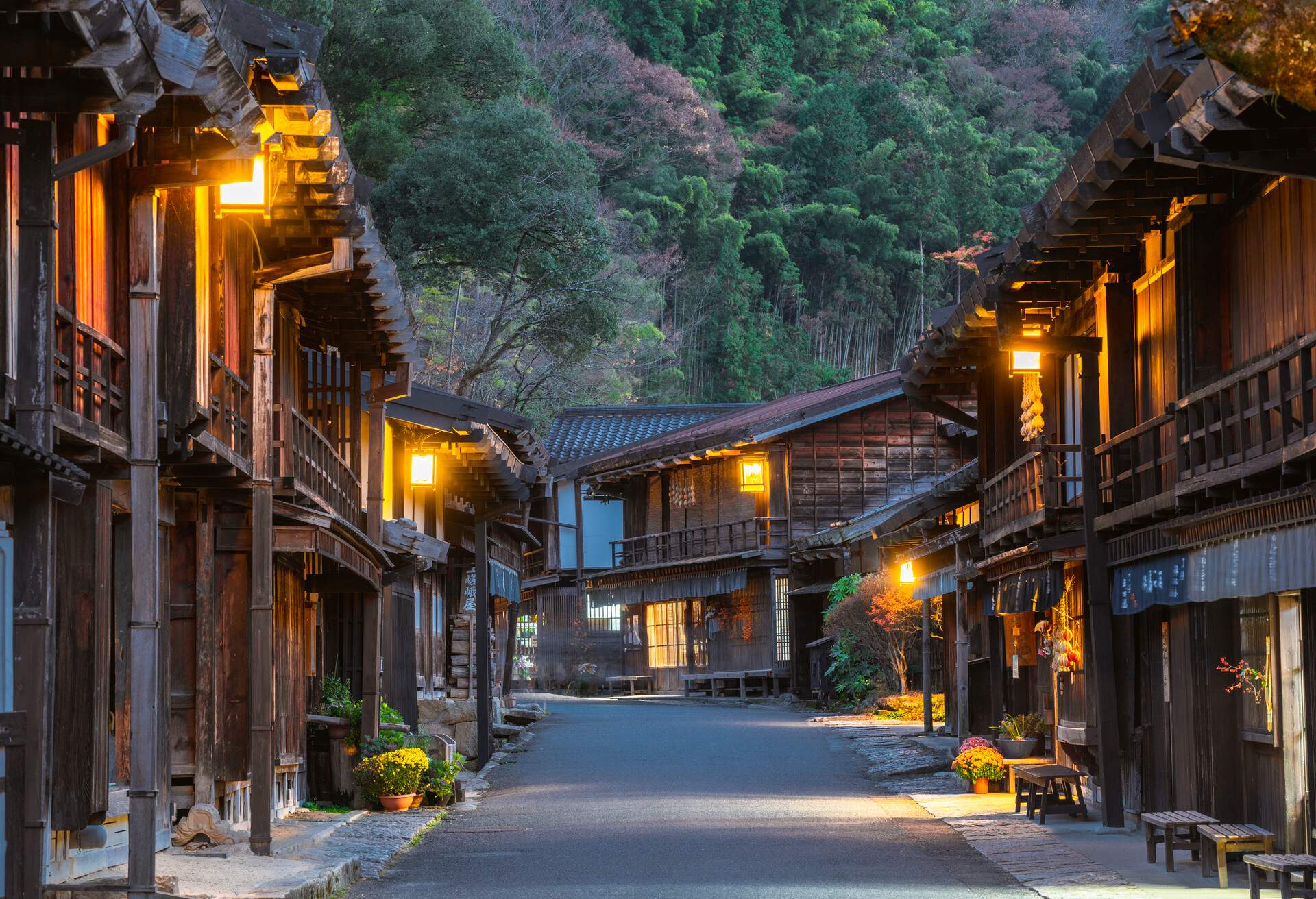 The historical post town of Tsumago juku at dusk, Kiso Valley,Gifu prefecture, Japan.