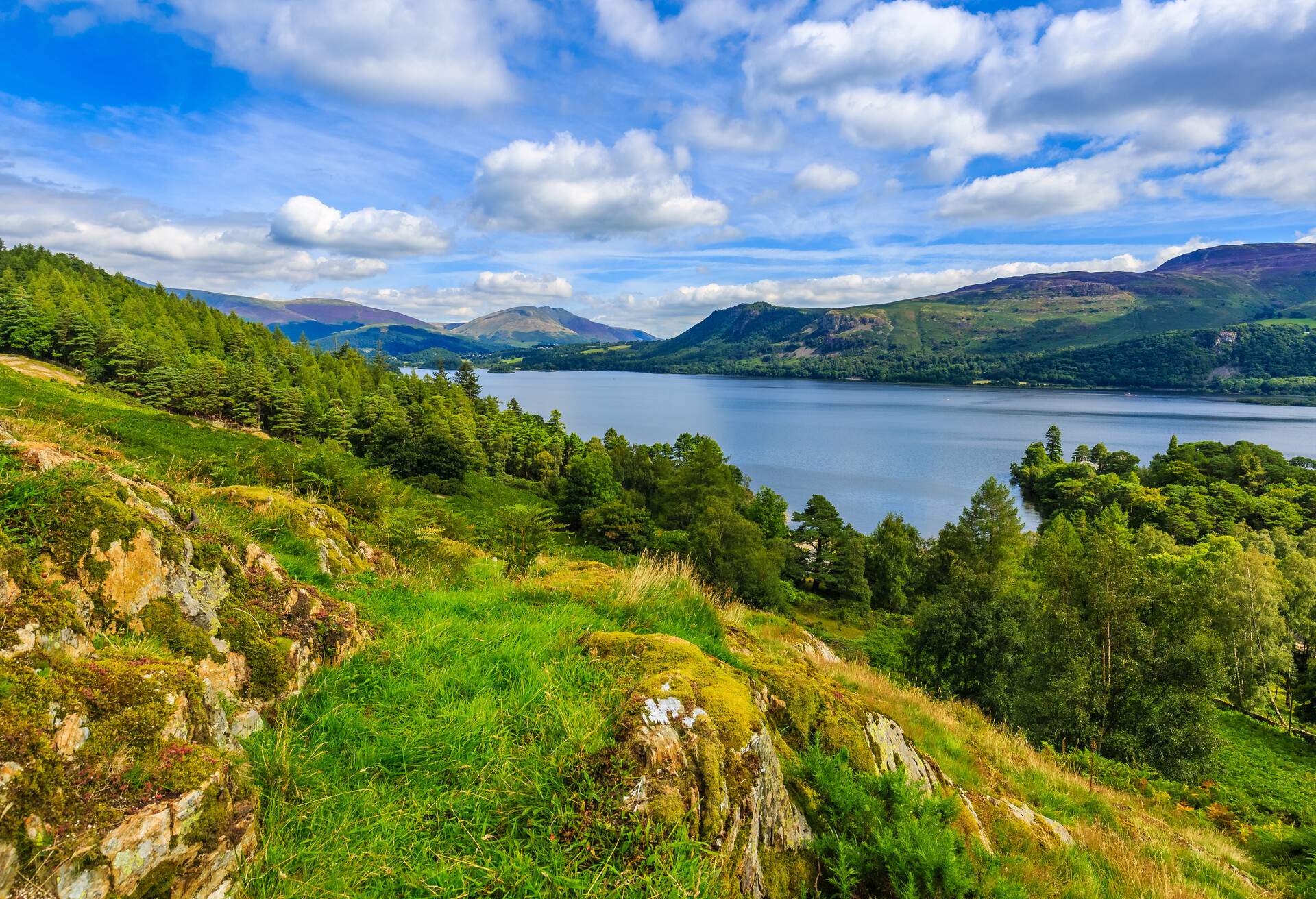 Hillside view looking over Derwentwater, The Lake District, Cumbria, England; Shutterstock ID 596427842