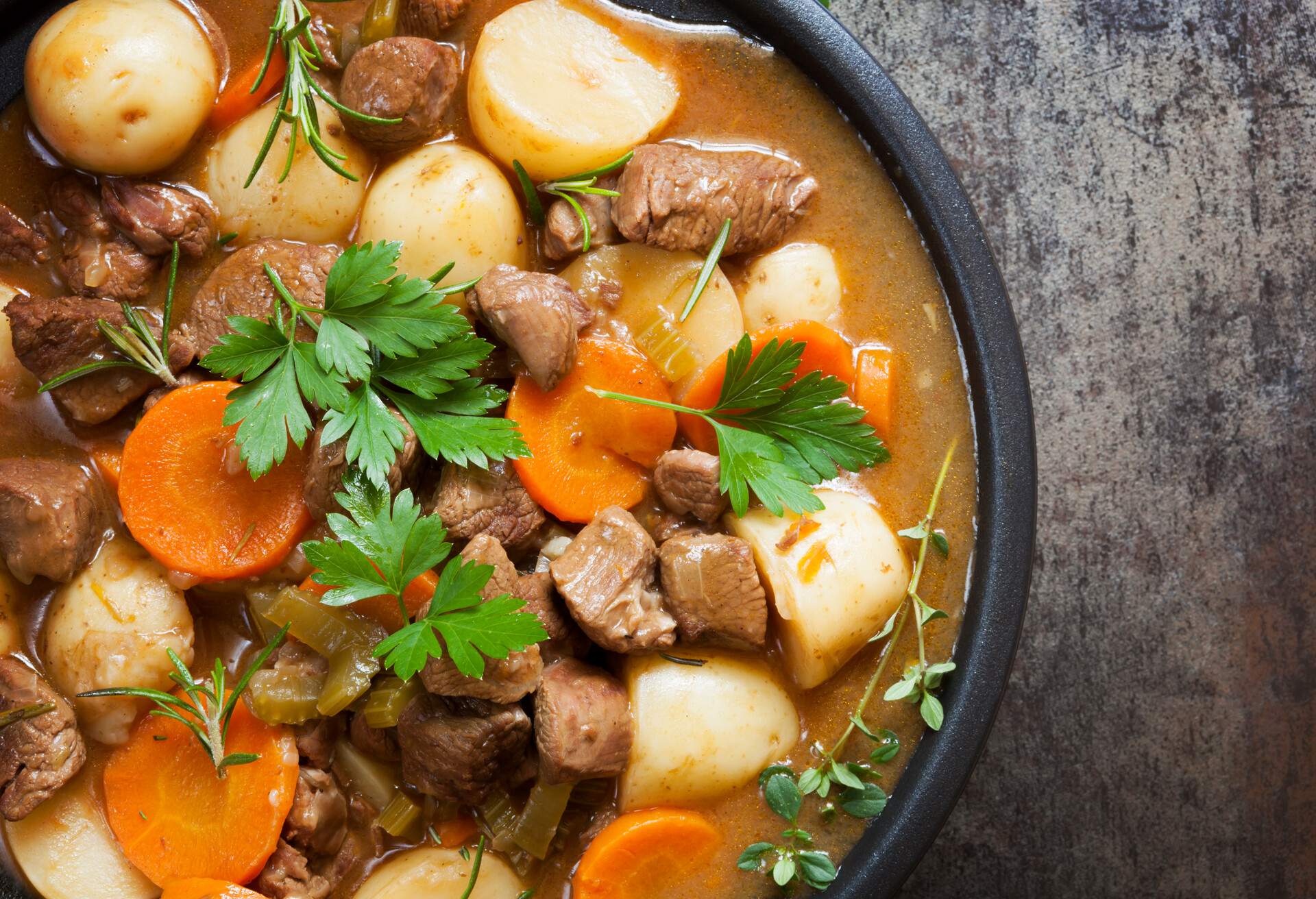 Irish stew, made with lamb, stout, potatoes, carrots and herbs.