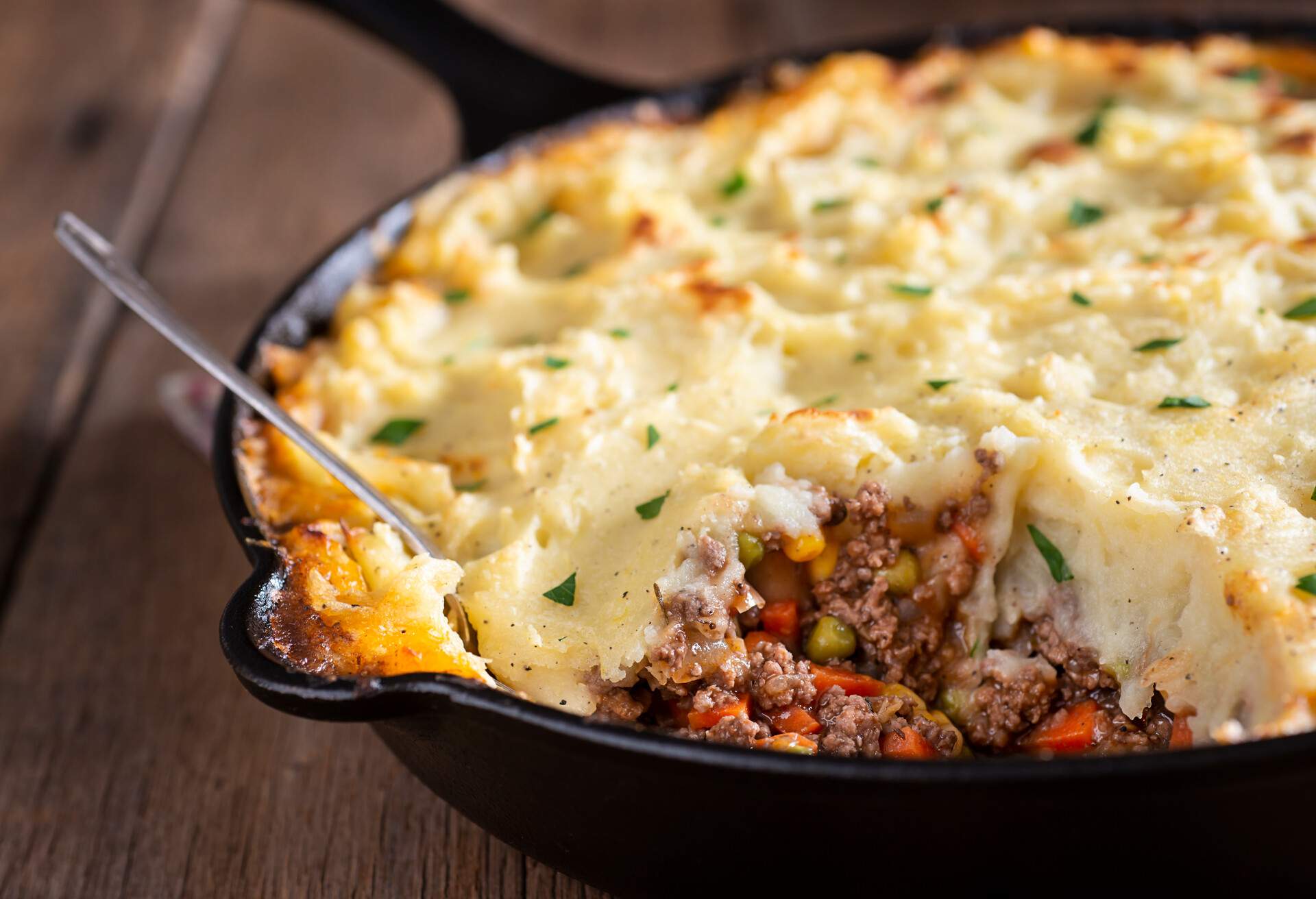 Homemade Shepherd's Pie in a Cast Iron Skillet