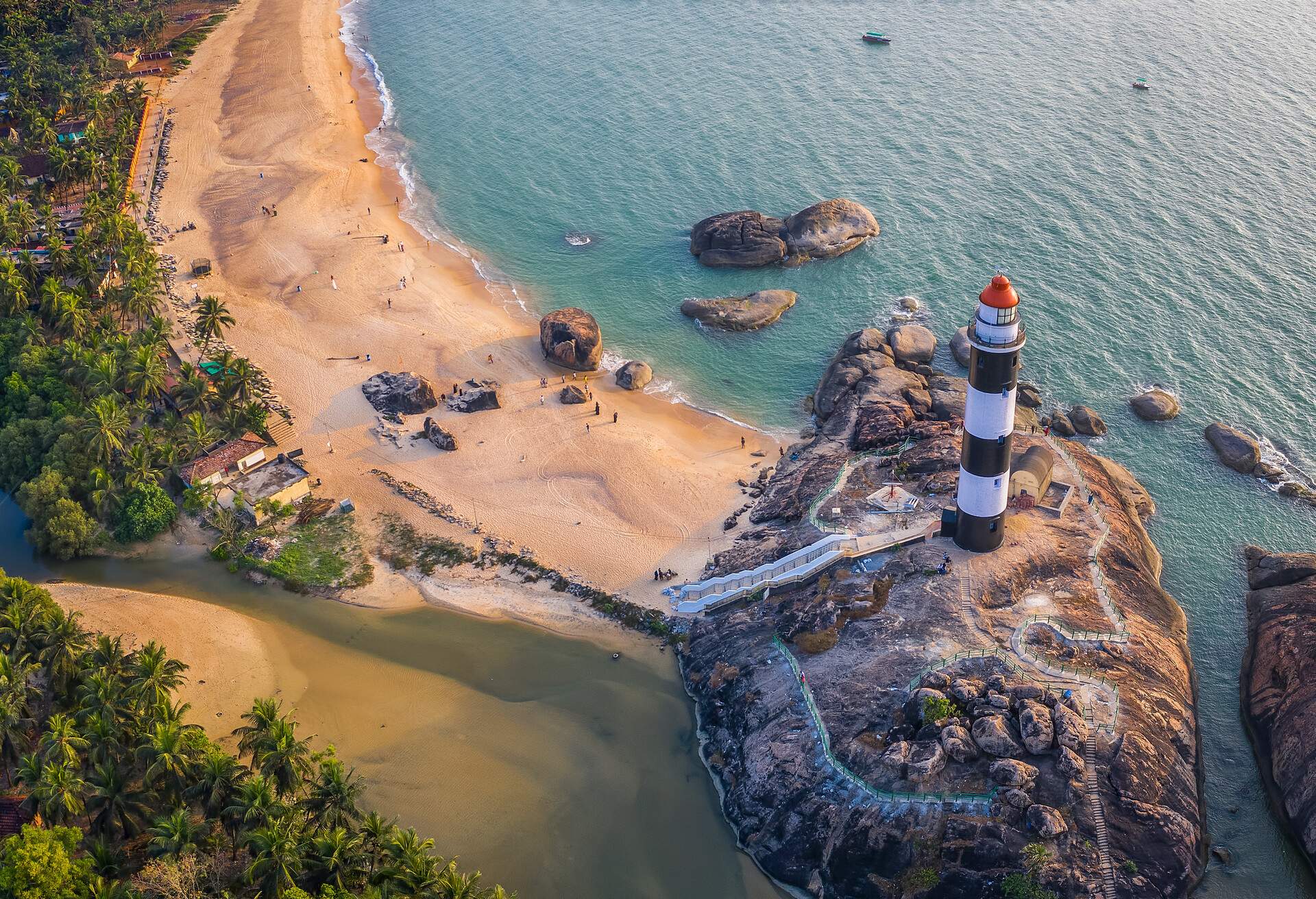An aerial view of the lighthouse at Kaup (Kapu) Beach, Karnataka, India