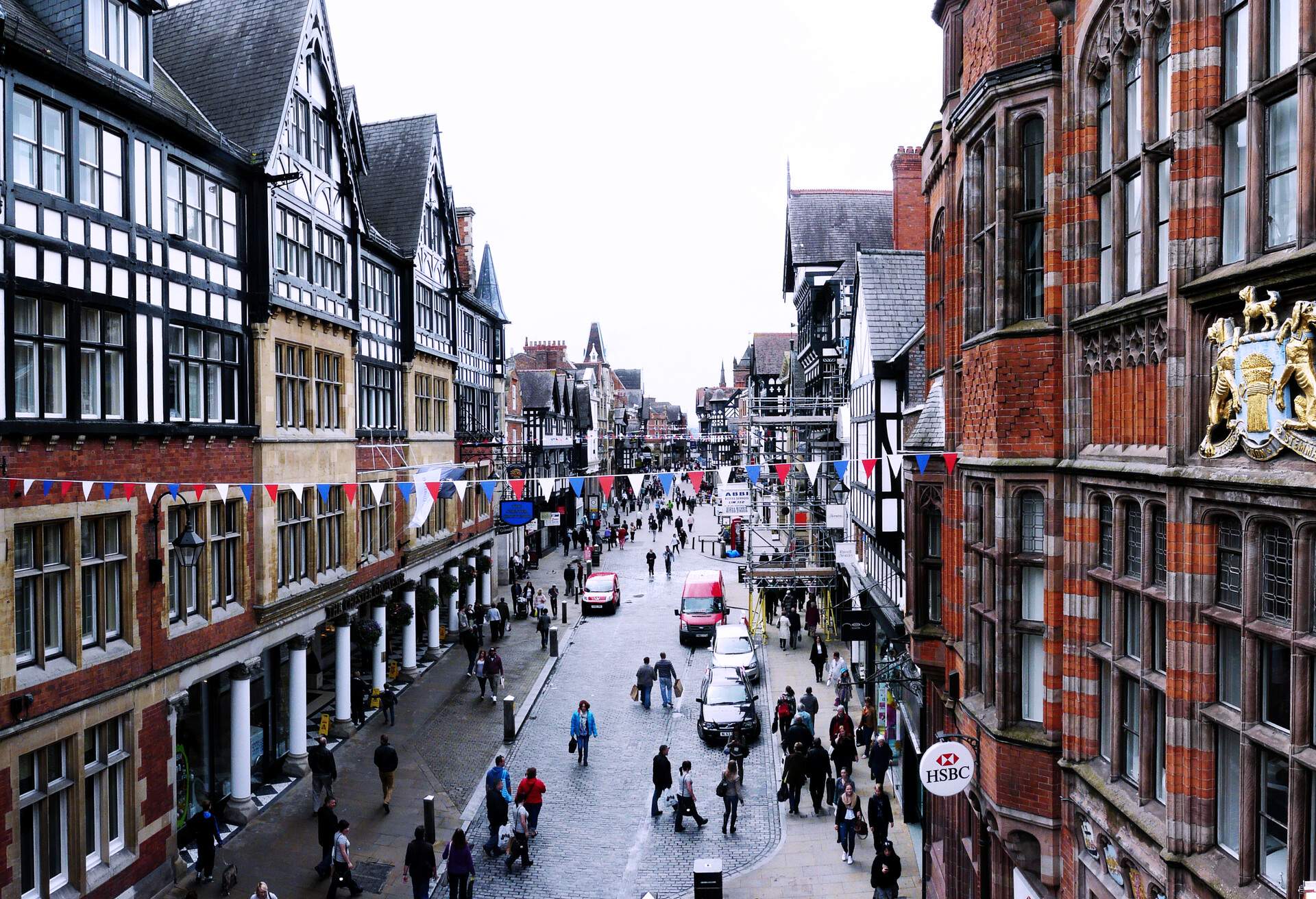 High angle view of street in Chester, England, UK